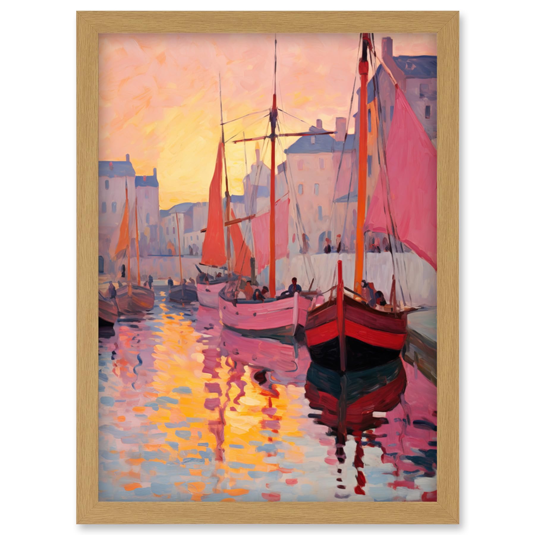 Artery8 Sailboats Reflecting in Harbour Water Pink Orange Sunset Oil Painting Anchoring by Promenade Artwork Framed Wall Art Print A4