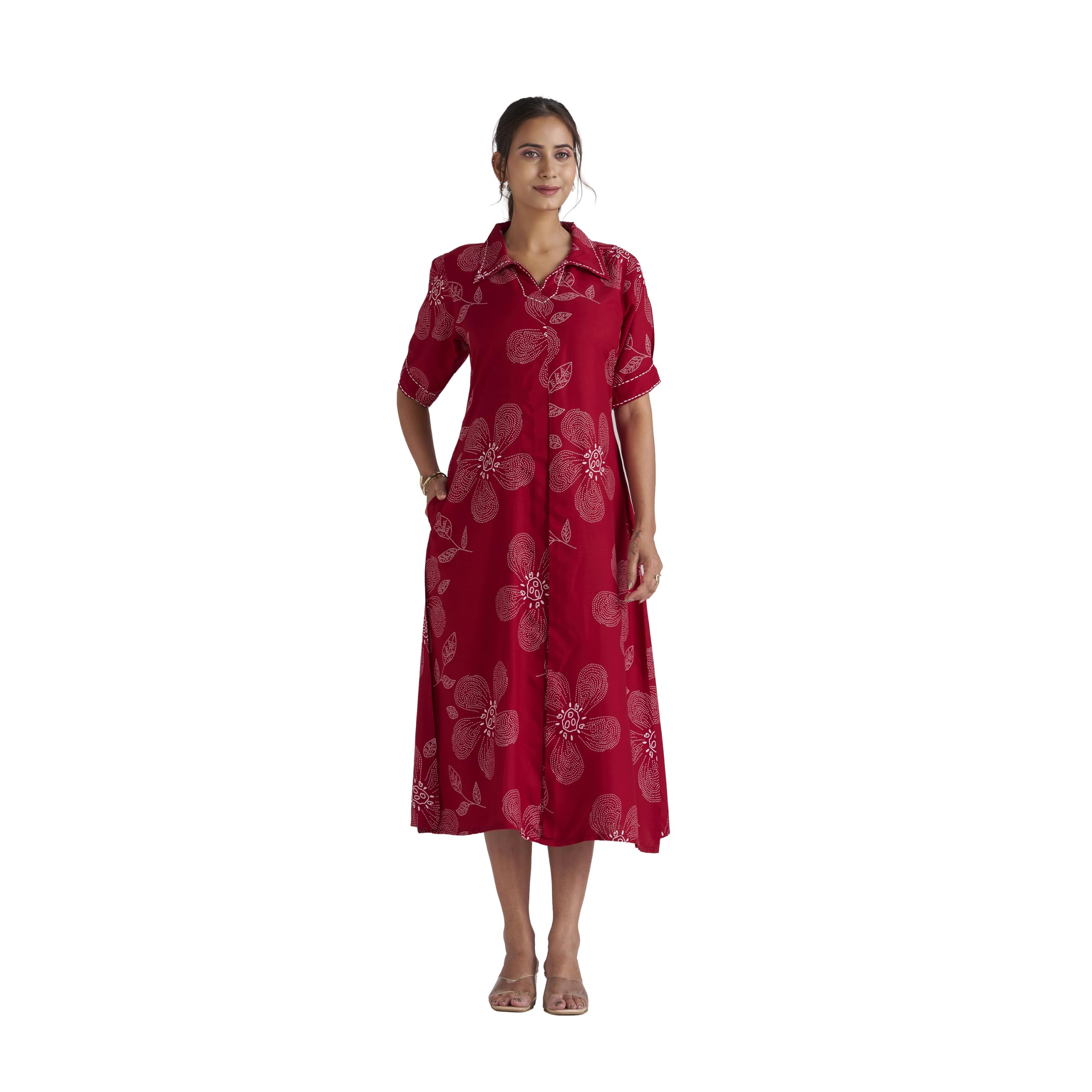 Women's Red Floral Print Viscose Rayon Midi Shirt Dress-image-24