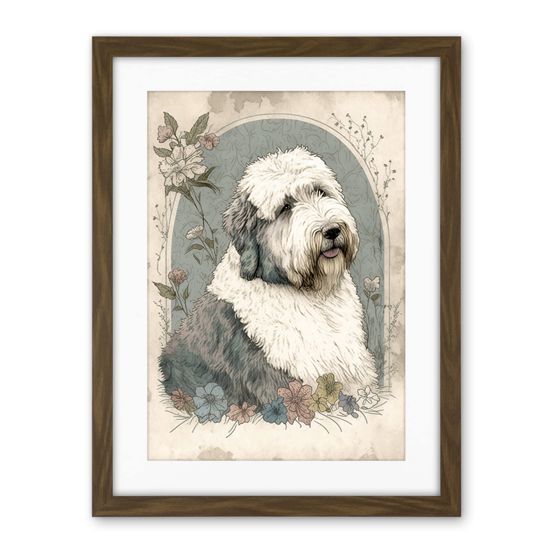 Artery8 English Sheepdog with Flower Blooms Boho Portrait Watercolour Illustration Artwork Framed Wall Art Print 18X24 Inch
