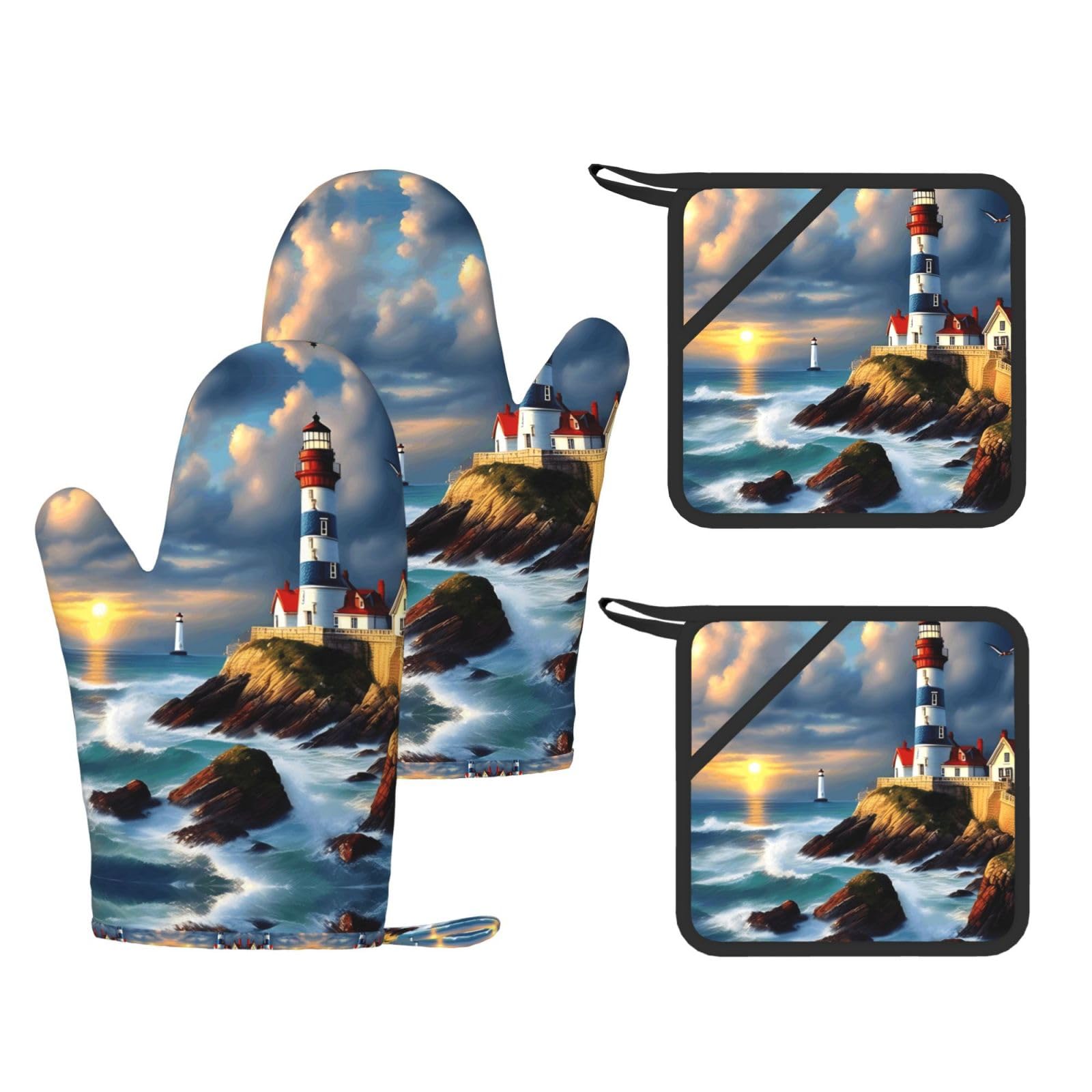 Lighthouse Diamond Paint Printed Kitchen Set with Heat Resistant Oven Gloves & Non-Slip Pot Holders for Daily Cooking