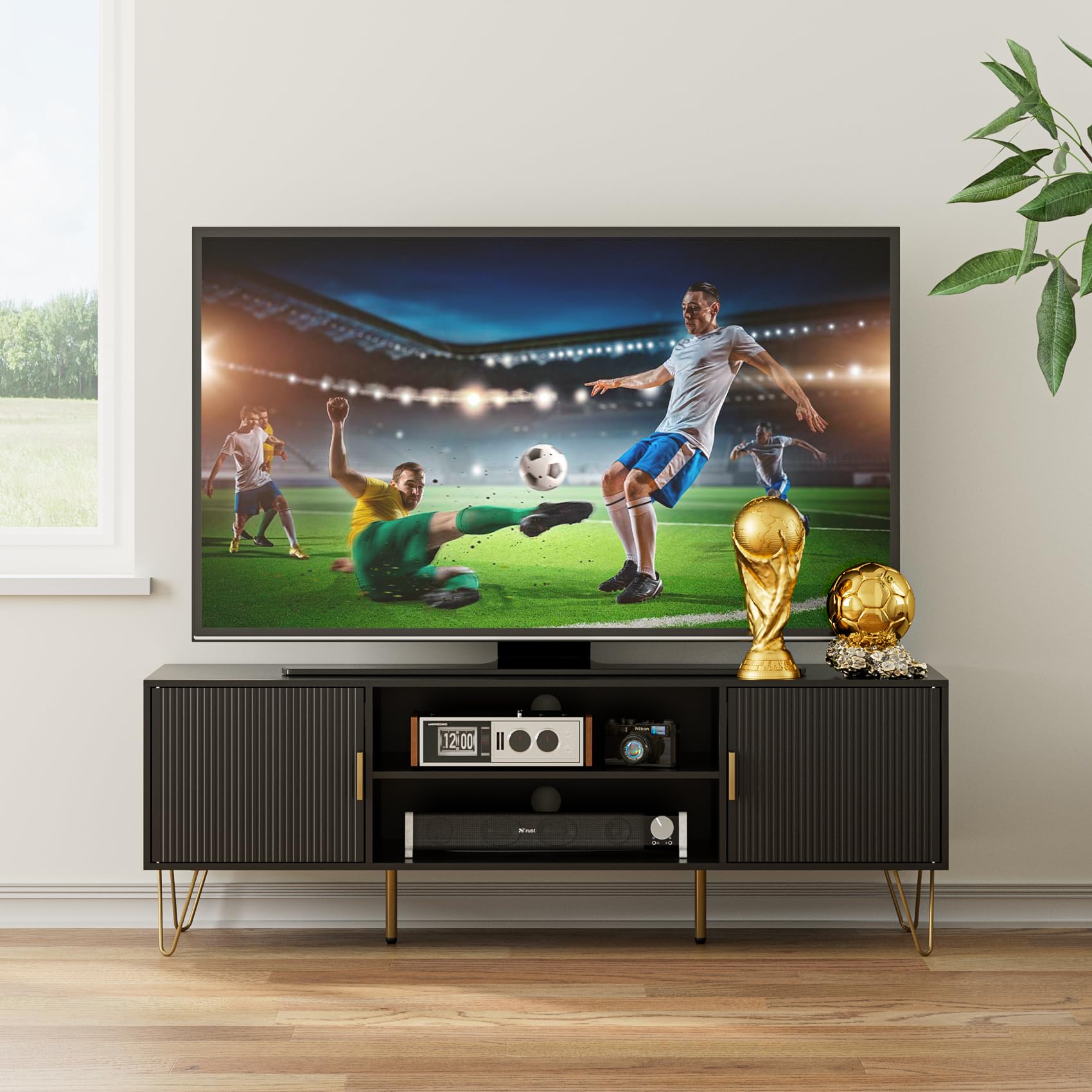 HEYZOEY Black Wood TV Stand for up to 65 Inch TV, 137cm TV Unit with 2