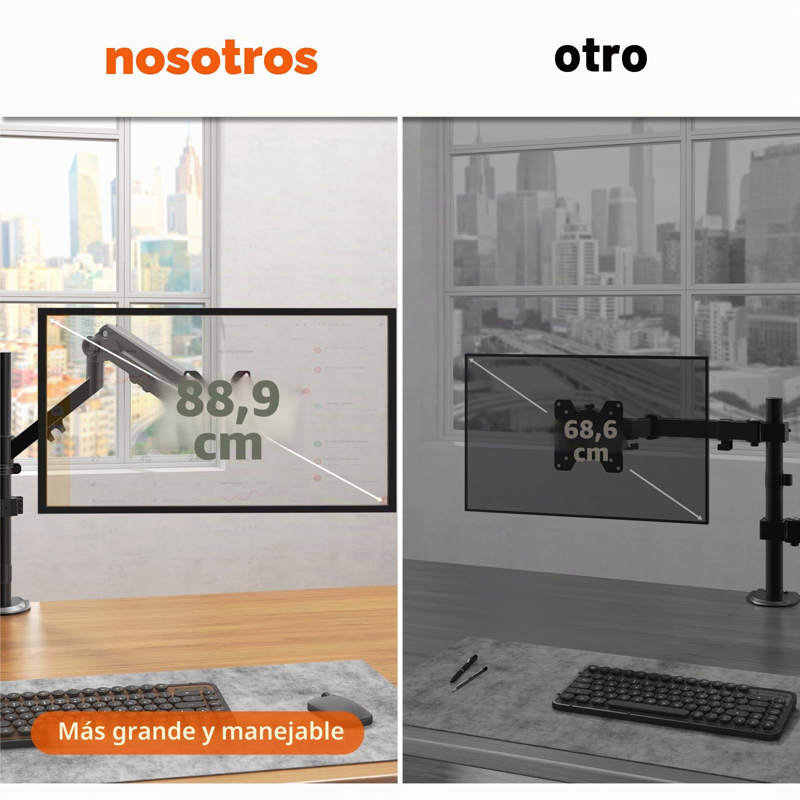 Soporte Monitor con Brazo de Gas para Pantallas 35" - Plataforma Integrada para Portátil 17" - Carga Máx 12KG Monitor/5KG Plataforma - VESA 75x100