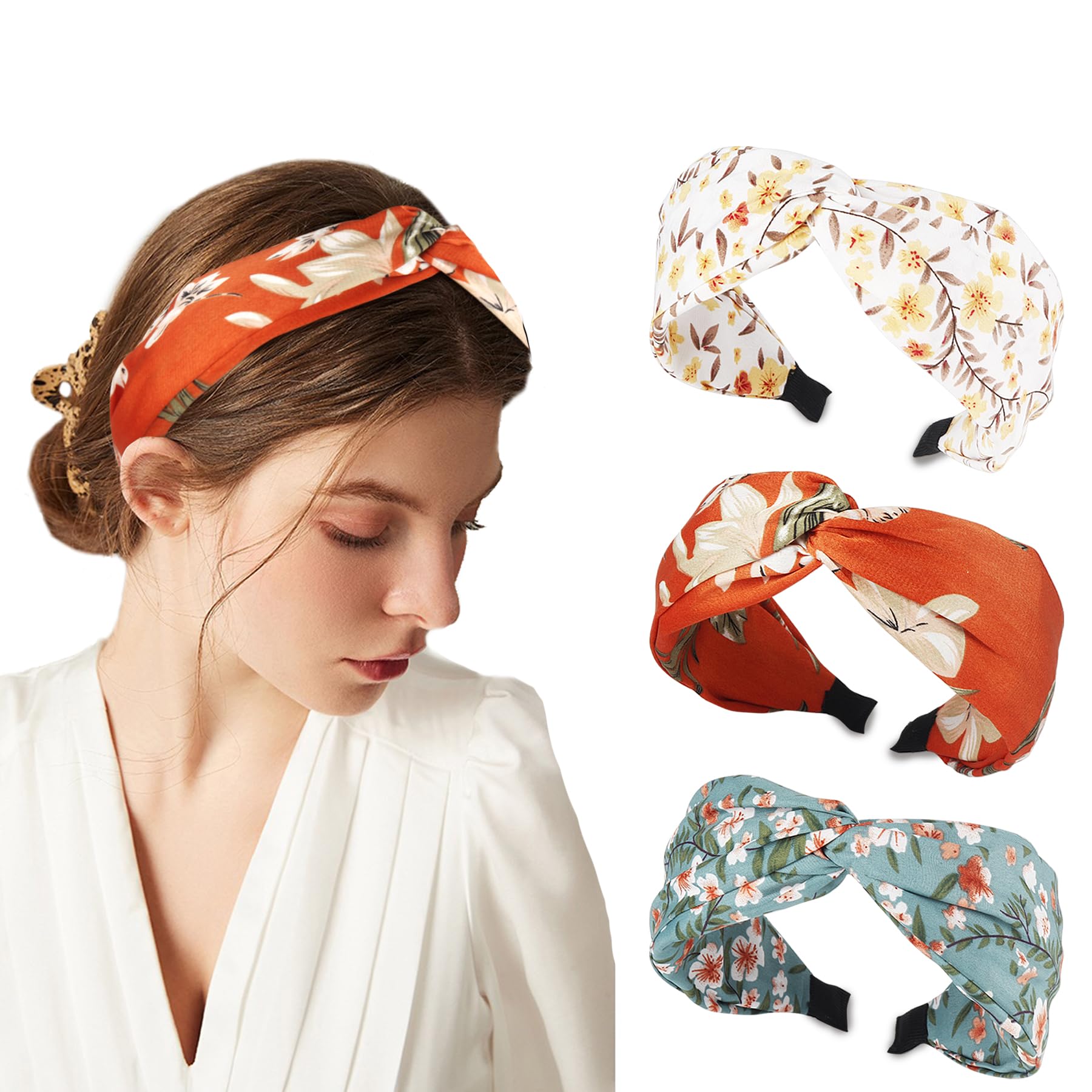 Beauty.H.C 3PCS Floral knotted Headband Chiffon Boho Headbands Twisted Wide Hairband Fashion Flower Headbands for Women and Girls Elastic & No Slip, One Size