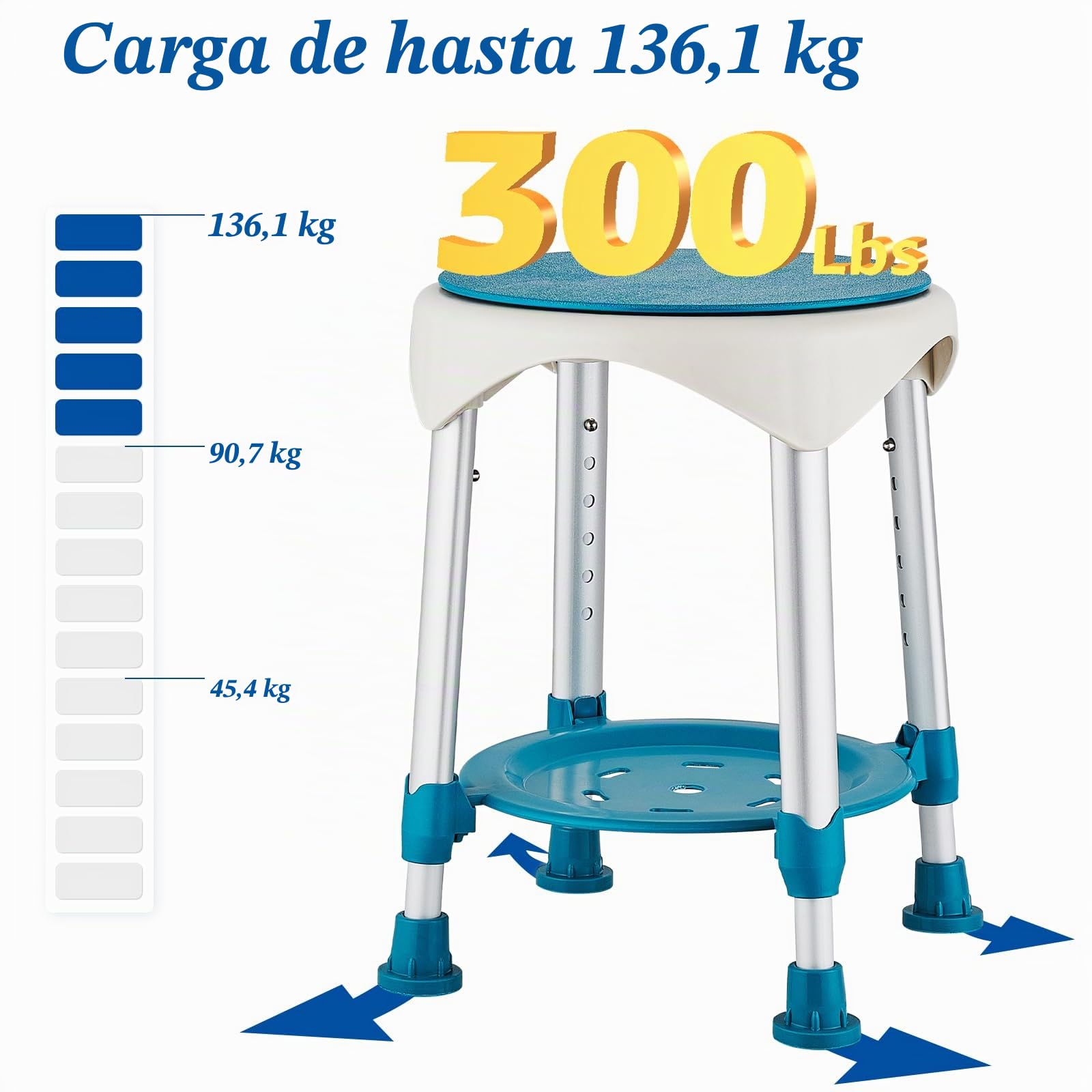 Taburete De Ducha,Asiento De Ducha Giratorio 360°con Patas De Goma Antideslizantes,Taburete Giratorio Mejorado para Personas Mayores,Silla De Baño Ajustable en Altura en 6 Niveles con Estante