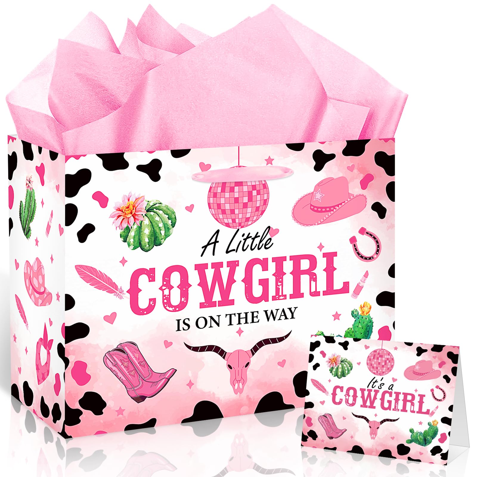 Frakron Pink Cowgirl Baby Shower Birthday Gift Bag for Baby Girls A Little Cowgirl is On The Way Bag with Wrapping Paper Card Rodeo Wild West Western Gift Bag for Baby Shower Birthday Party Supplies — image 1