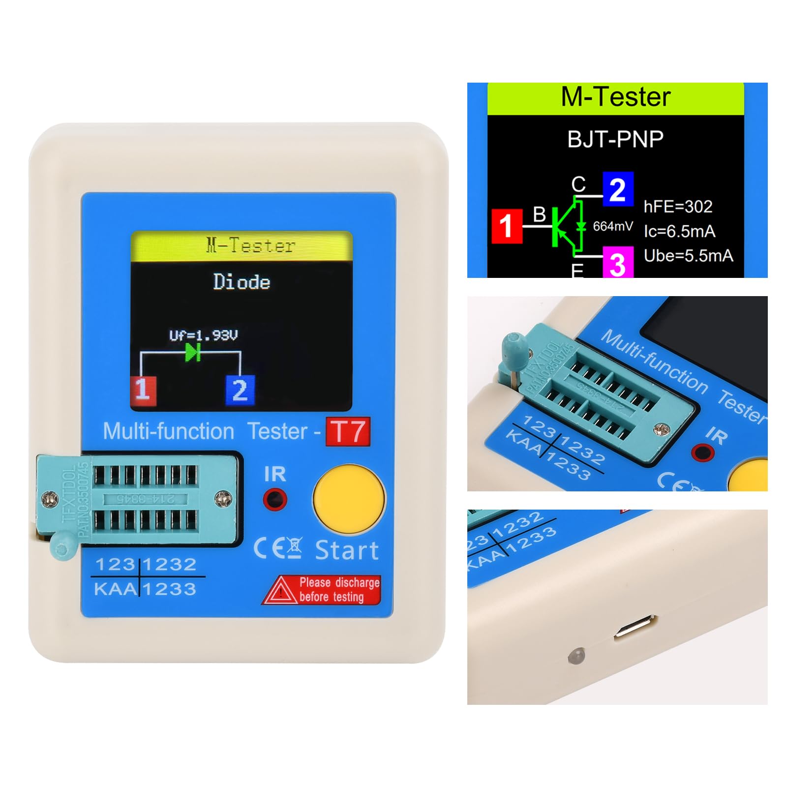 LCR-TC7 Transistor-Tester, ESR LCR Multifunktions-Transistor-Tabelle mit TFT-Farbdisplay Kapazitätsmessgerät für Dioden, Dreipoden, Kondensatoren, NPN, PNP, MOSFET, IR