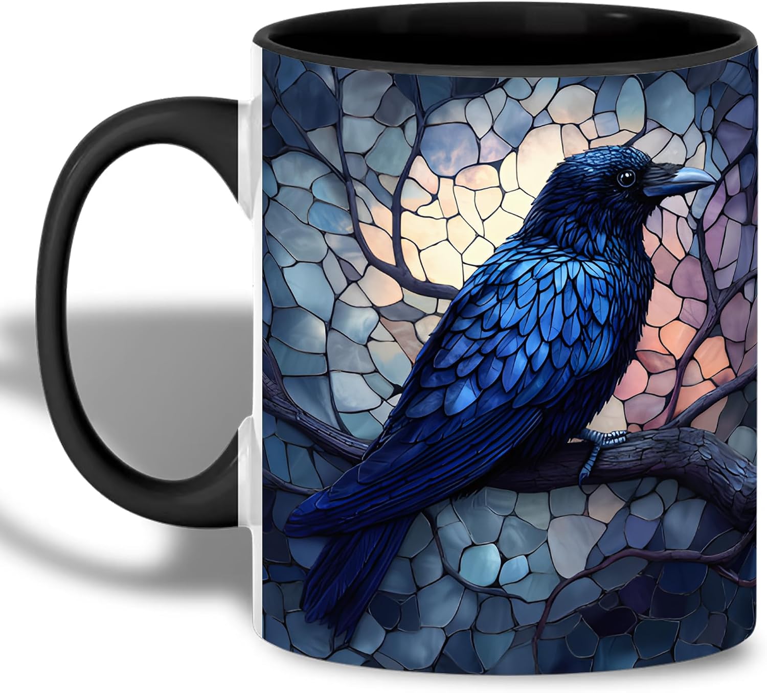 Stained Glass Raven Ceramic Mug Gothic Blue Crow Coffee Cup Mystical Bird Art Mug Dark Aesthetic Nature Forest Theme Gift for Bird Lovers Witchy Home Office Decor 11oz
