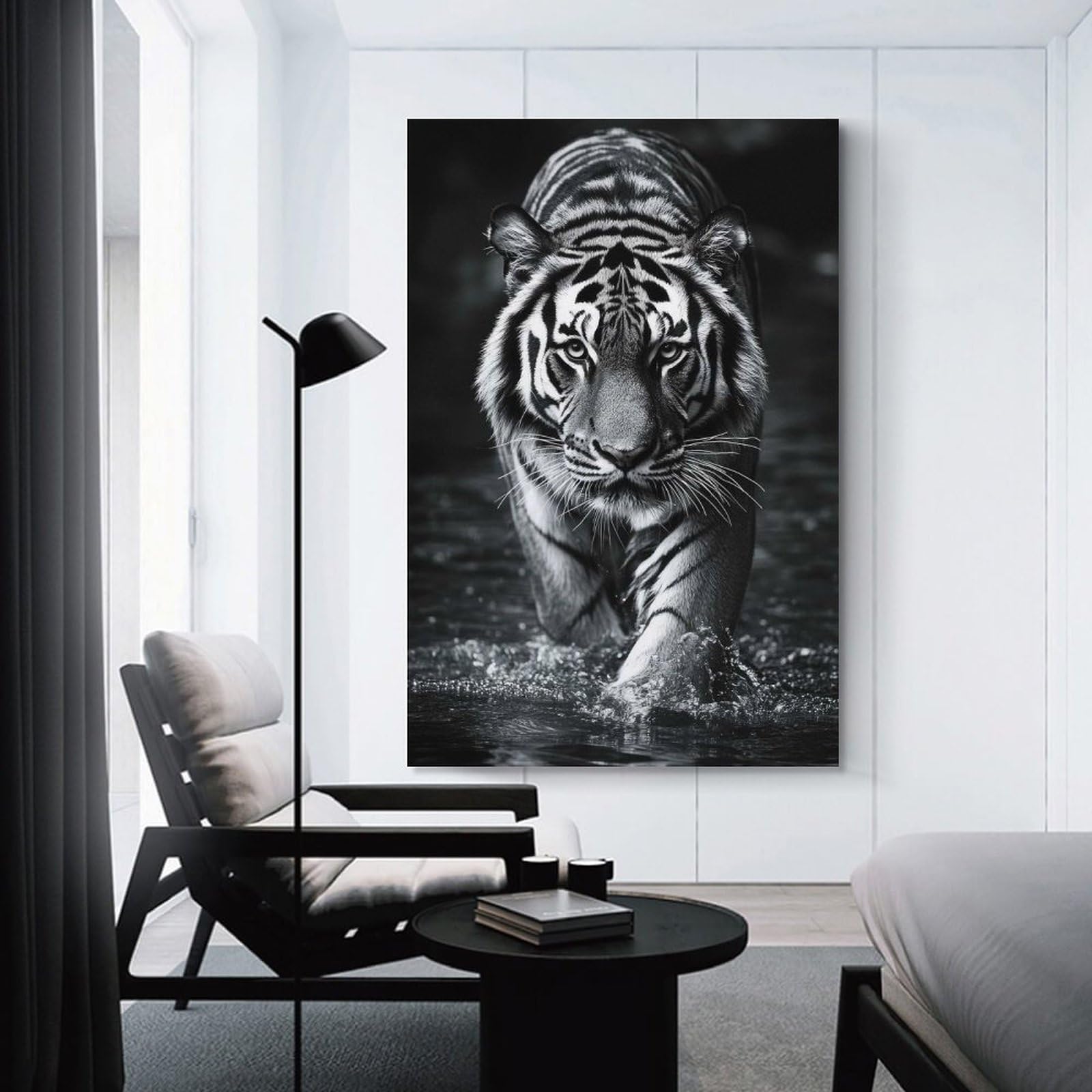 Junmoney Tiger in Water Black And White Photo Hanging Wall Art 20x30inch(50x75cm), for Small Homes, Bedrooms Or Open Spaces, An Easy Choice for New Home Styling
