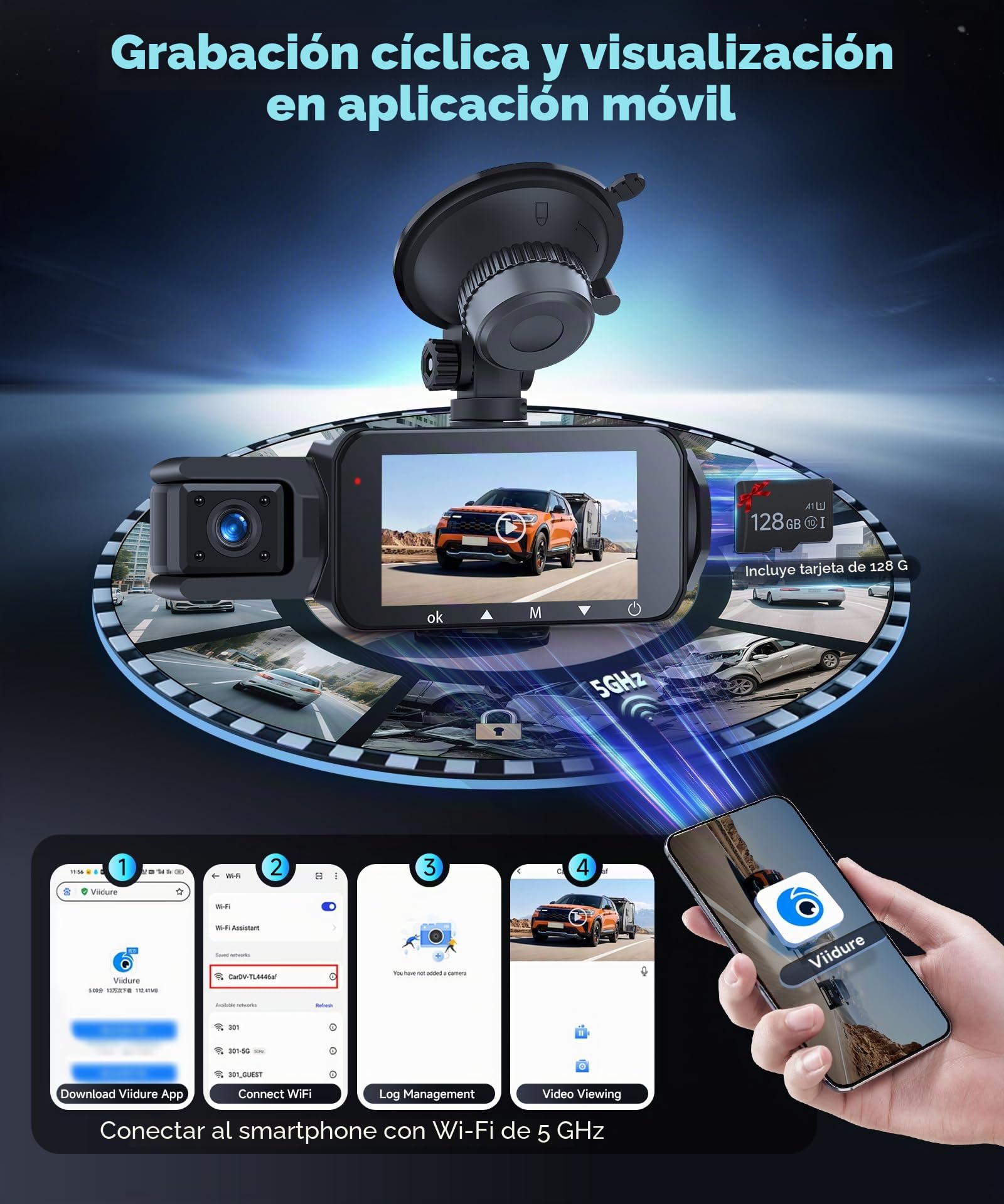 VECHTEL 2K Wi-Fi Dashcam Auto, Pantalla IPS de 3 Pulgadas Dash CAM Auto con Visión Nocturna, Tarjeta 128GB Gratis, G-Sensor, Modo Parking 24H, Grabación en Bucle, Asistente de Marcha Atrás