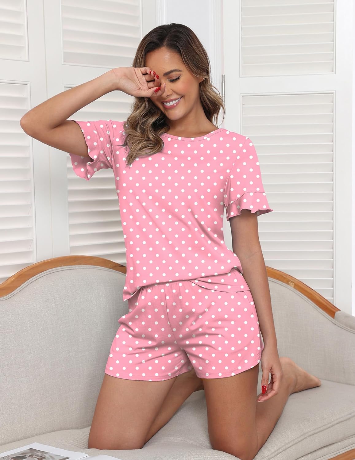 Ekouaer Womens 100% Cotton Pajamas Set Ruffle Sleeves Top and Short Soft Sleepwear 2 Piece Lounge Set with Pockets - Image 4