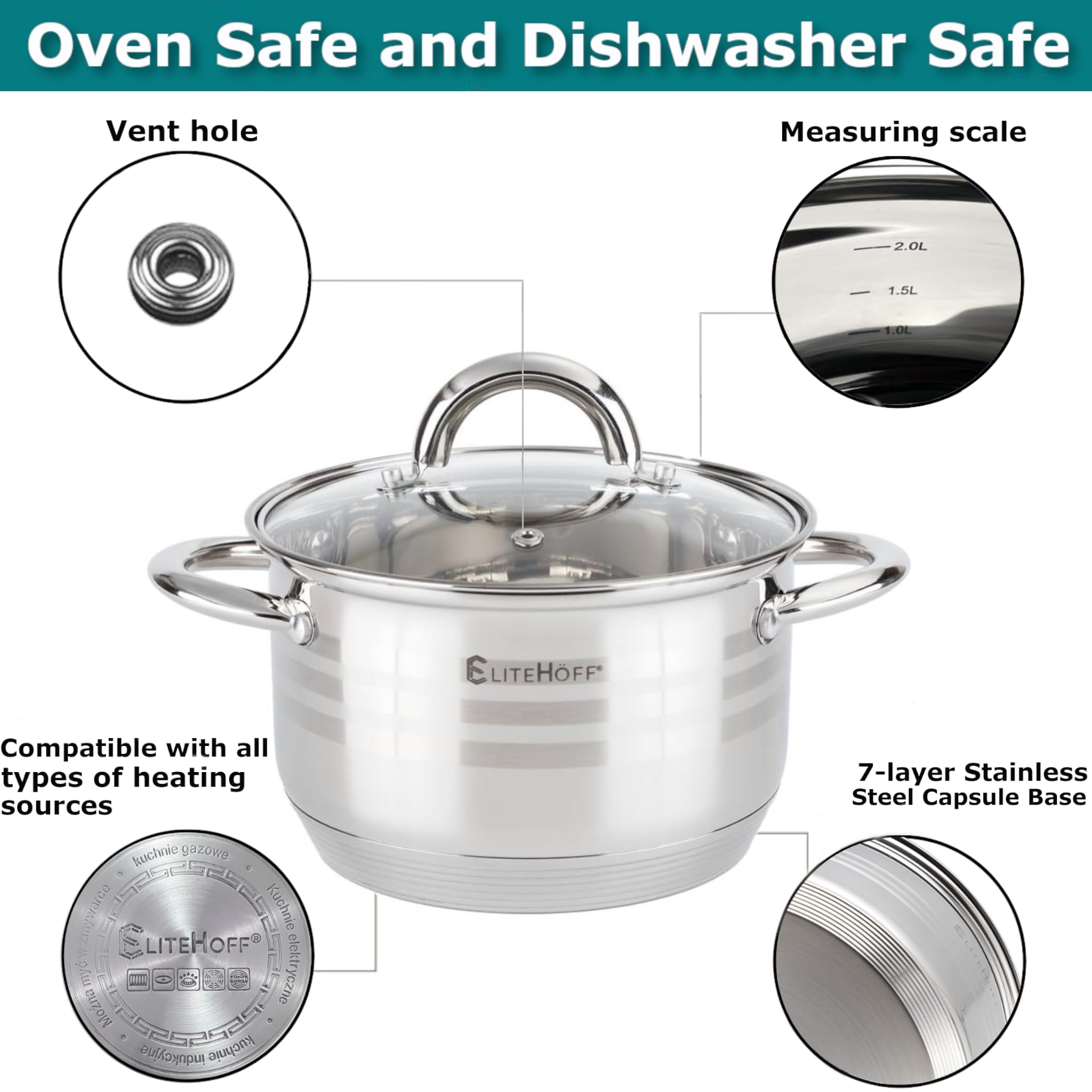 EliteHoff Juego de ollas de inducción de 6 piezas, olla de acero inoxidable de 7 capas, juego de 3 ollas con tapas, para todo tipo de cocinas (E-4304)