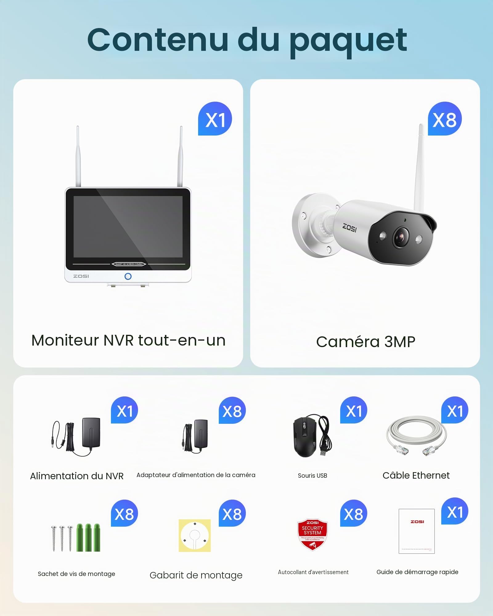 ZOSI 2K Kit Caméra de Surveillance Extérieure WiFi6 avec Moniteur de 12”, 8MP 8CH NVR 2TB HDD, Plug-in Caméra IP 3MP Audio Bidirectionnel, Reconnaissance de Personne AI, Vision Nocturne en Couleur