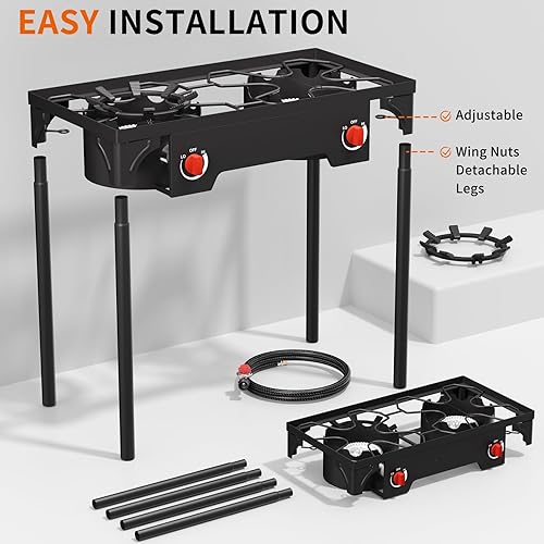 Miniatura 5 de SKOK Estufa de propano de 2 quemadores  Estufa de camping portátil con quemador de propano de alta eficiencia de 150,000 BTU, estufa al aire libre