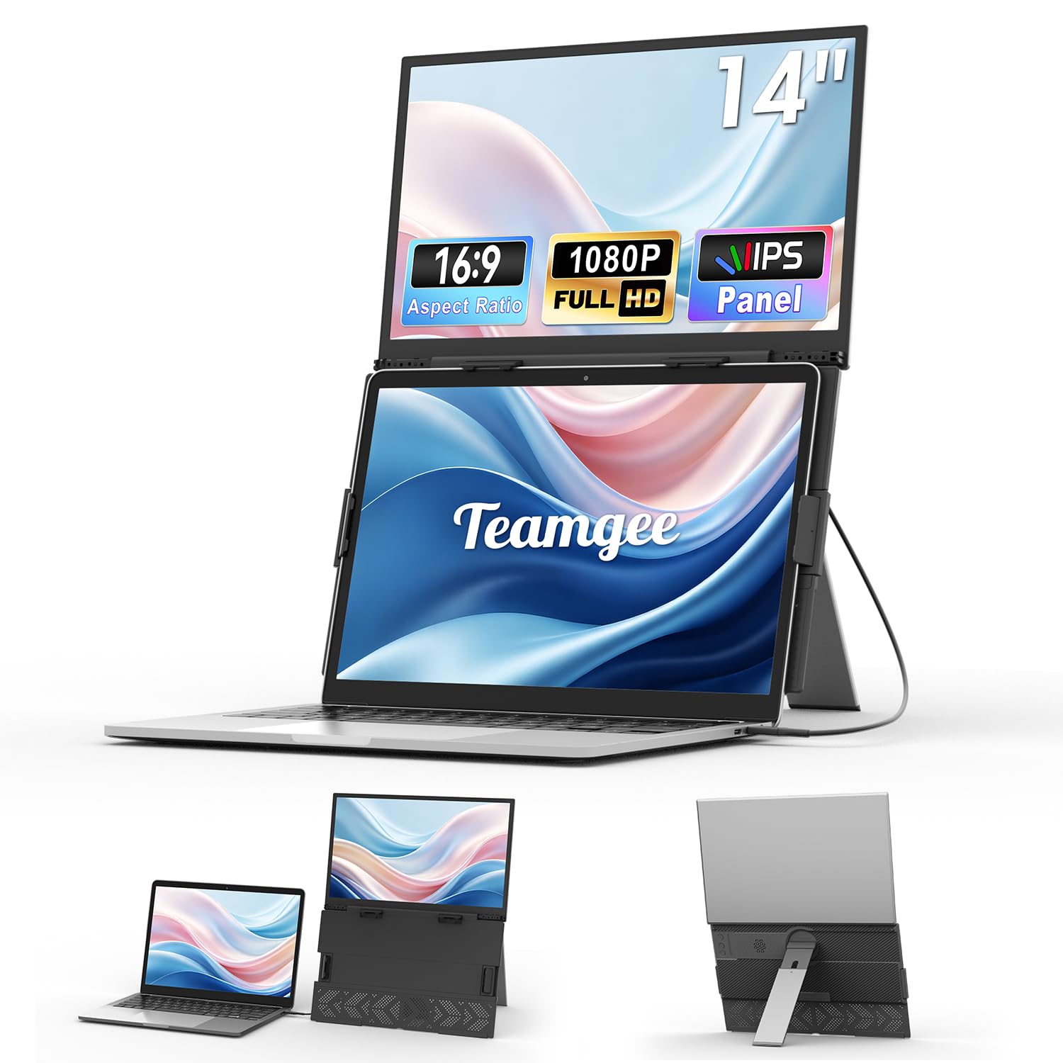 Teamgee 14" Monitor Portátil, 1080P FHD Monitor de Pantalla para Portátil, HDMI/USB-A/Type-C Plug and Play for Wins/Mac/Dex/Chrome para PC 13"-17"