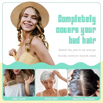 Qlenkay Straw Sun Hat with 10in Synthetic Hair Extension Short Wavy Curly Wig Wide Brim Women Adjustable Cap Detachable Hairpiece for Summer Travel Dark Black