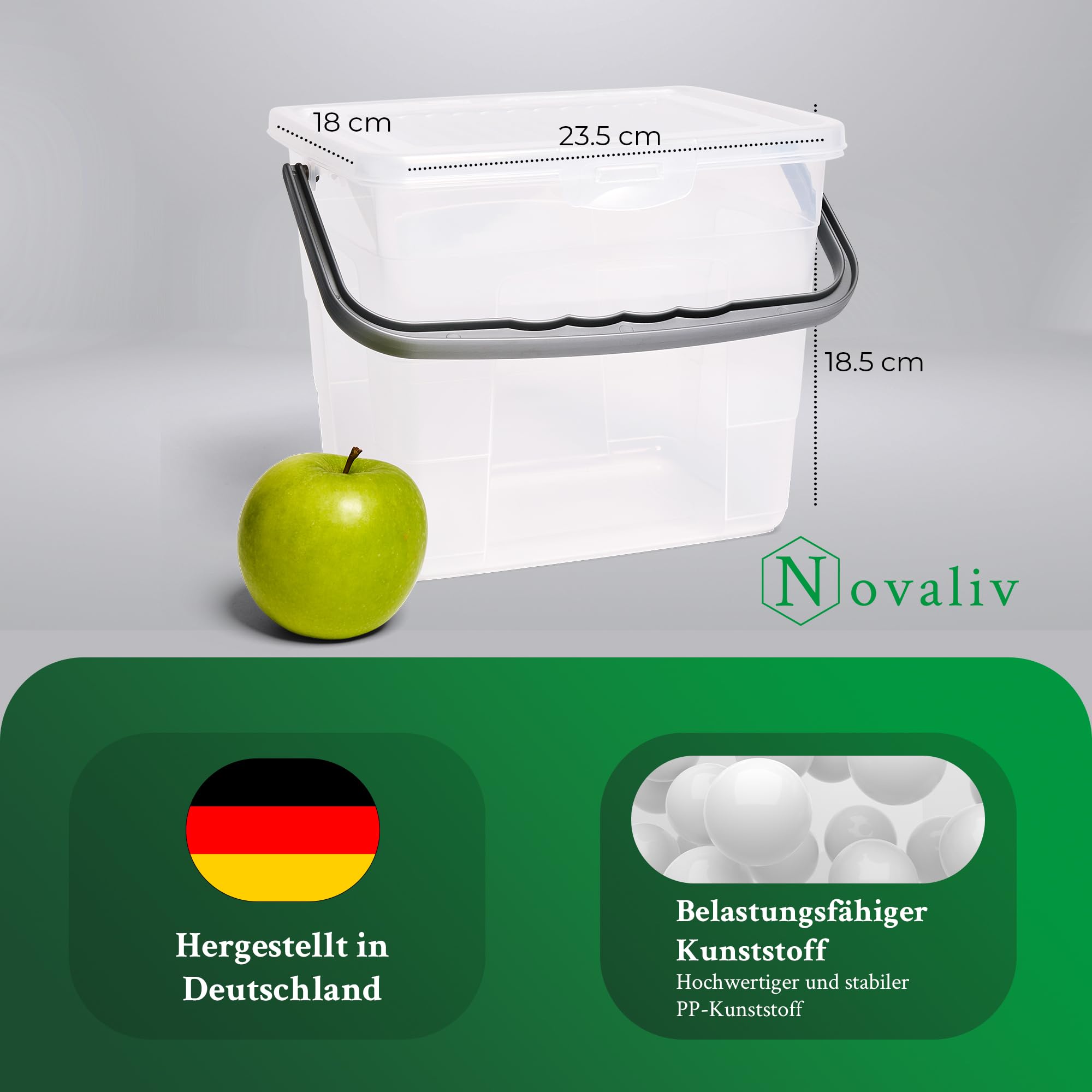 Novaliv 10 cajas de detergente con tapa, 4 litros, transparente y cuchara dosificadora, 23,5 x 18 x 18,5 cm, caja de almacenamiento con asa, depósito de detergente, recipiente para detergente y polvo