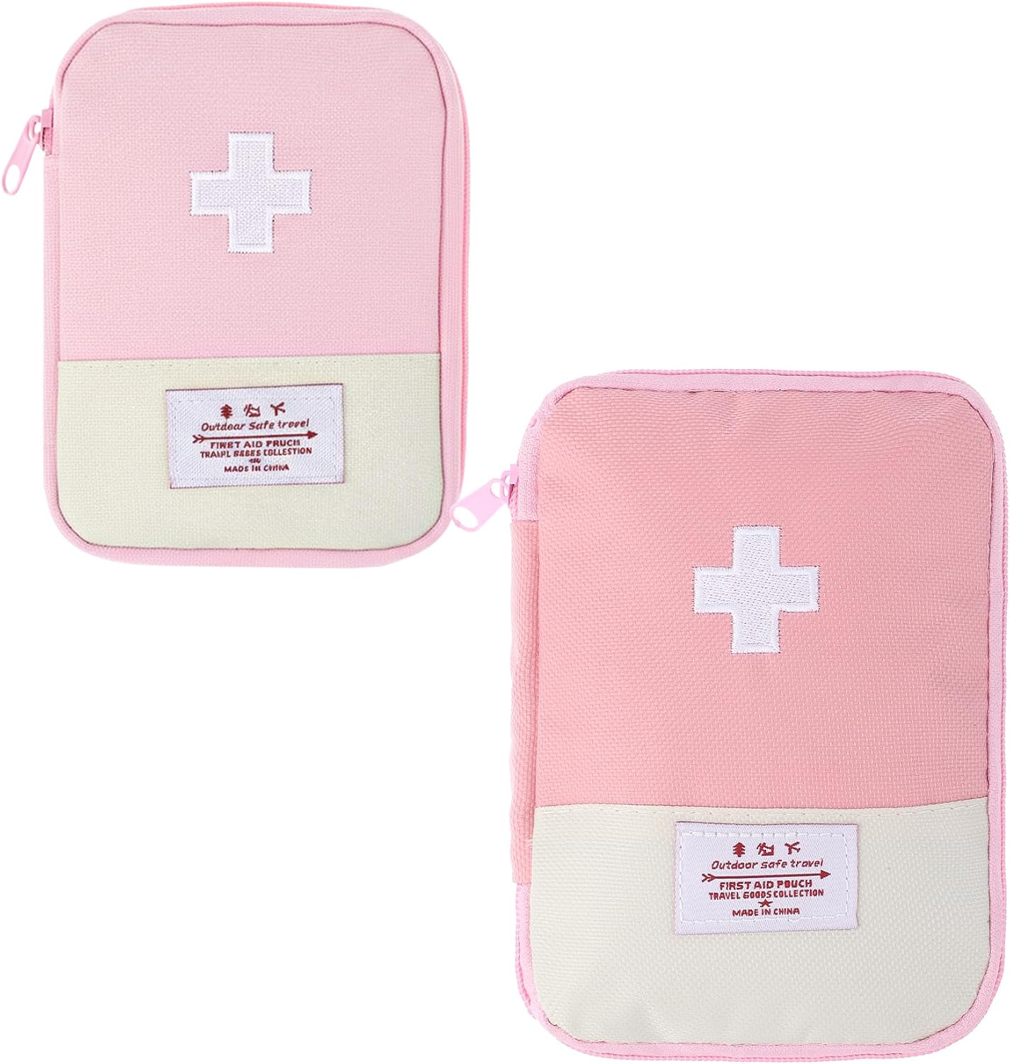 Small First Aid Pouch Empty, 2 Pcs Pink First Aid Kit, Mini Portable Oxford Fabric Medical Bag with 2 Different Sizes for Outdoor Indoor Camping Hiking Traveling Sports Car Home Emergency