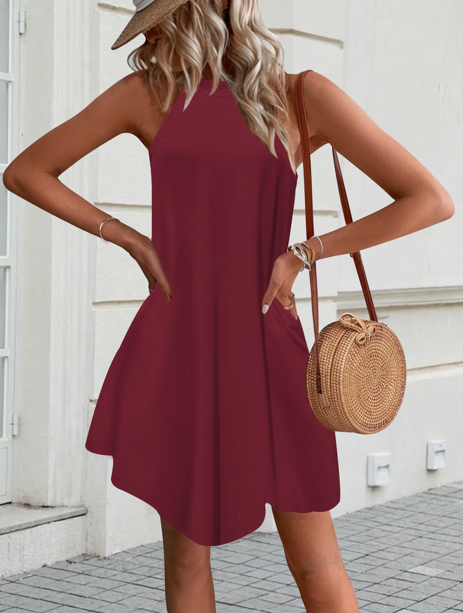 WNEEDU Abito Donna Estivo Vestito Spiaggia Senza Maniche Abito Cort Casual Collo Sospeso Copricostume