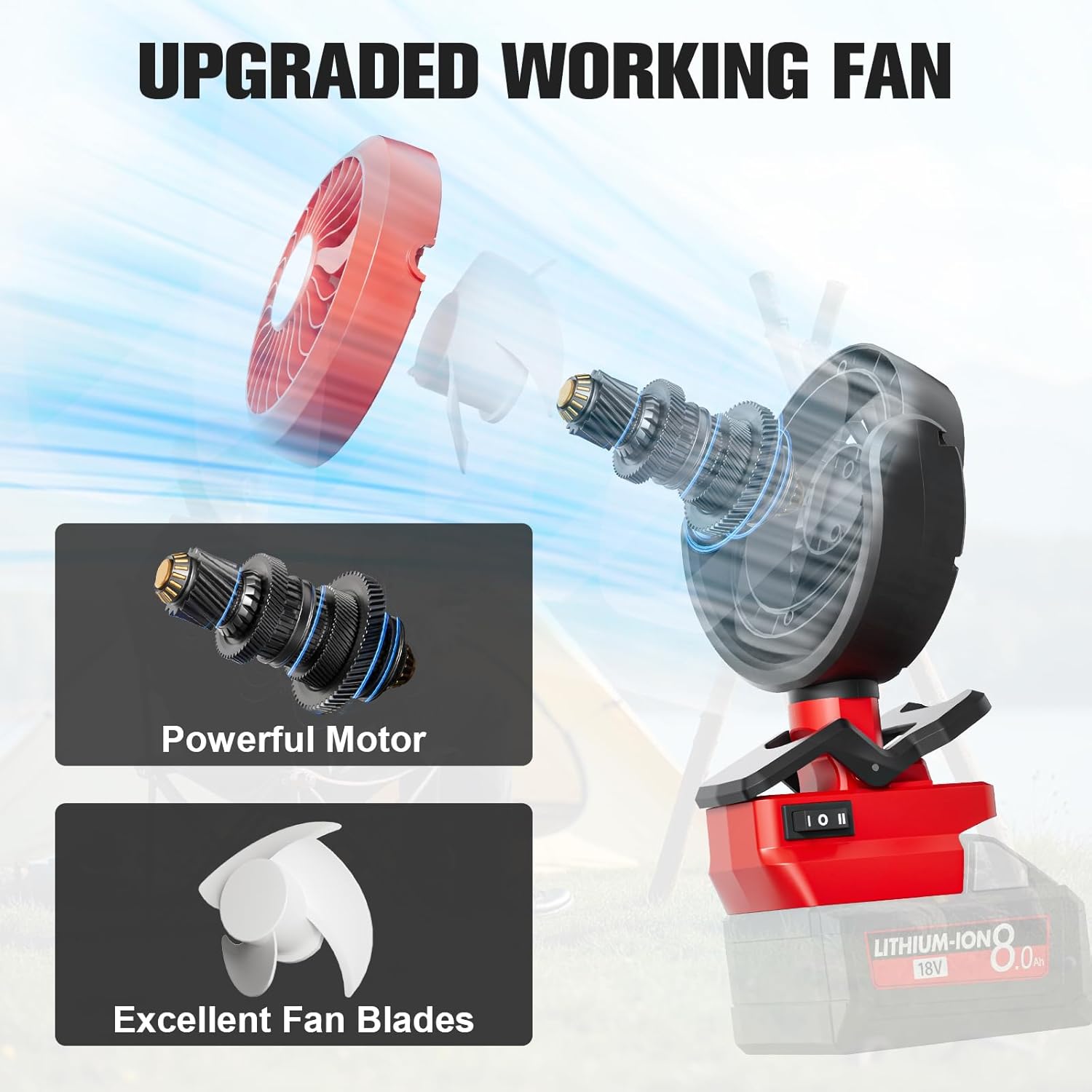 Battery Powered Fan for Milwaukee 18V Battery, Cordless Portable Camping Fan, Clip Fans with LED Light & 210° Adjustable, for Jobsite Tent Travel Fishing Outdoor (No Battery, Red)