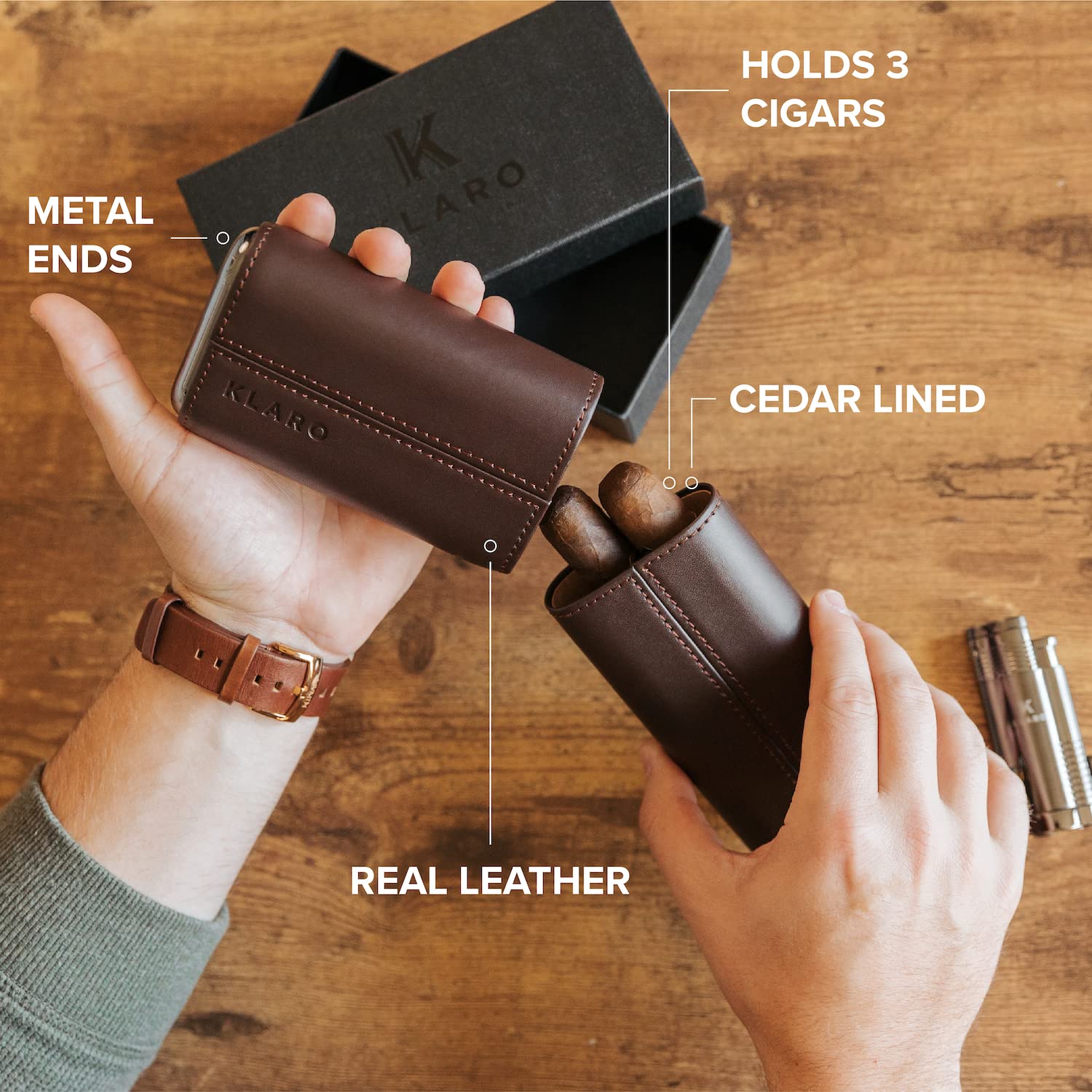 CASE ELEGANCE Estuche Protector de Viaje Premium para 3 cigarros, Cuero marrón de Grano Superior Genuino, Forrado de Cedro con Tapas de Extremo de Metal Dorado, empaque Listo para Regalo