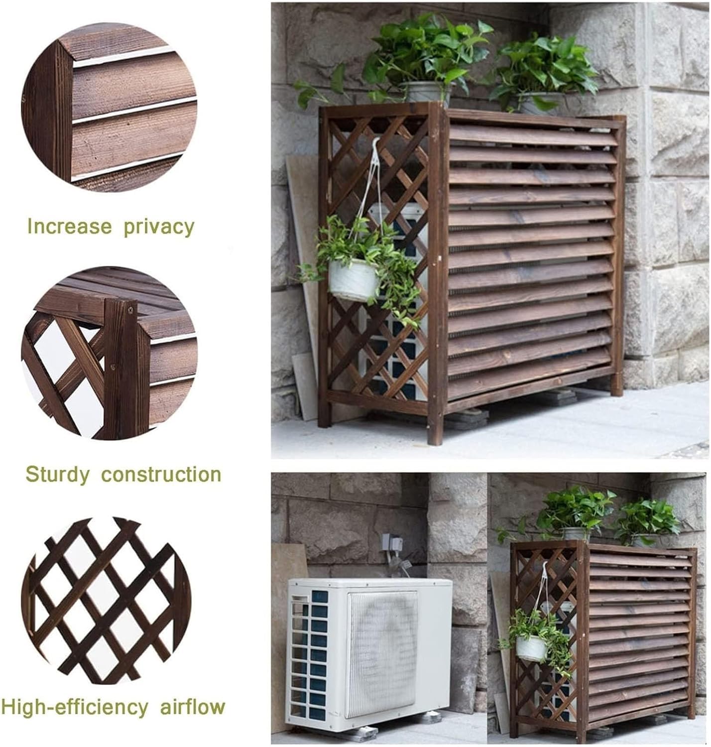 Klimatyzator z litego drewna i ogrodzenie ochronne pompy ciepła (96 x 40 x 89 cm) osłona odporna na warunki atmosferyczne na zewnątrz, stylowy design, dekoracja ogrodowa, niezbędna do ochrony domu