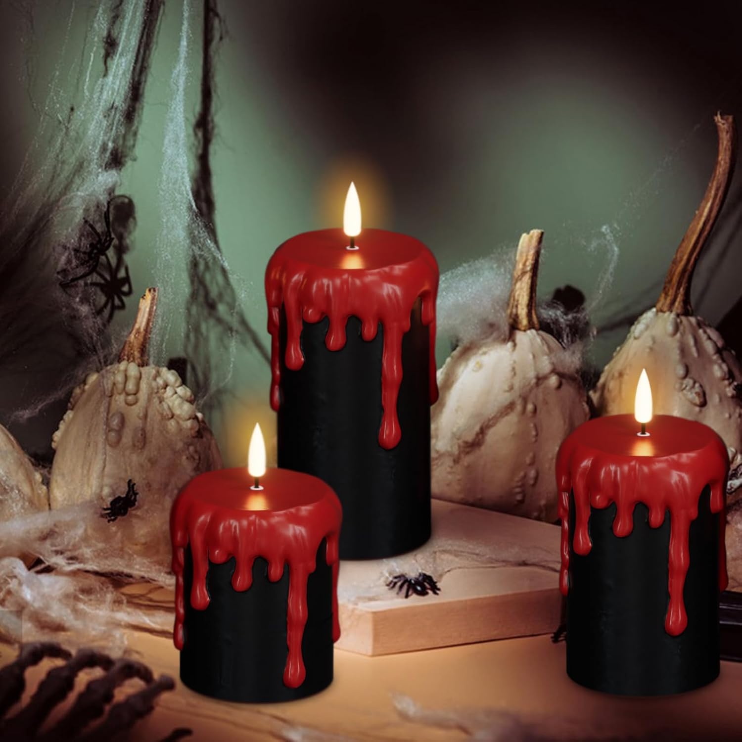 Halloween Decorations Led Candles Flickering with 6H Timer, Battery Operated Halloween Candles, 3 Pcs Drip Wax Spooky Halloween Decor Indoor Real Wax, D3 x H 4" 5" 6"