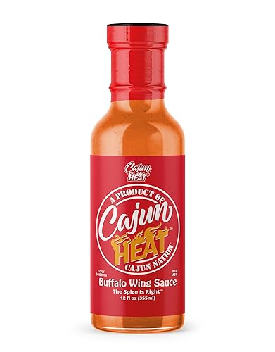 Miniatura 1 de Cajun Heat Buffalo Wing Sauce de 12 onzas infundida con condimento cajún Cajun Nation, una sabrosa salsa de búfalo baja en sodio (85 mg) sin MSG,