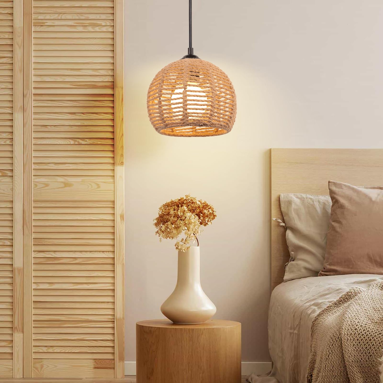 2 Piezas Lámpara Colgante Vintage Ratán E27 Retro Lámpara de Suspensión Ratán Araña Ø20cm Jaula de Metal y Cuerda de Cáñamo Lámpara de Techo para Salón Dormitorio Cocina