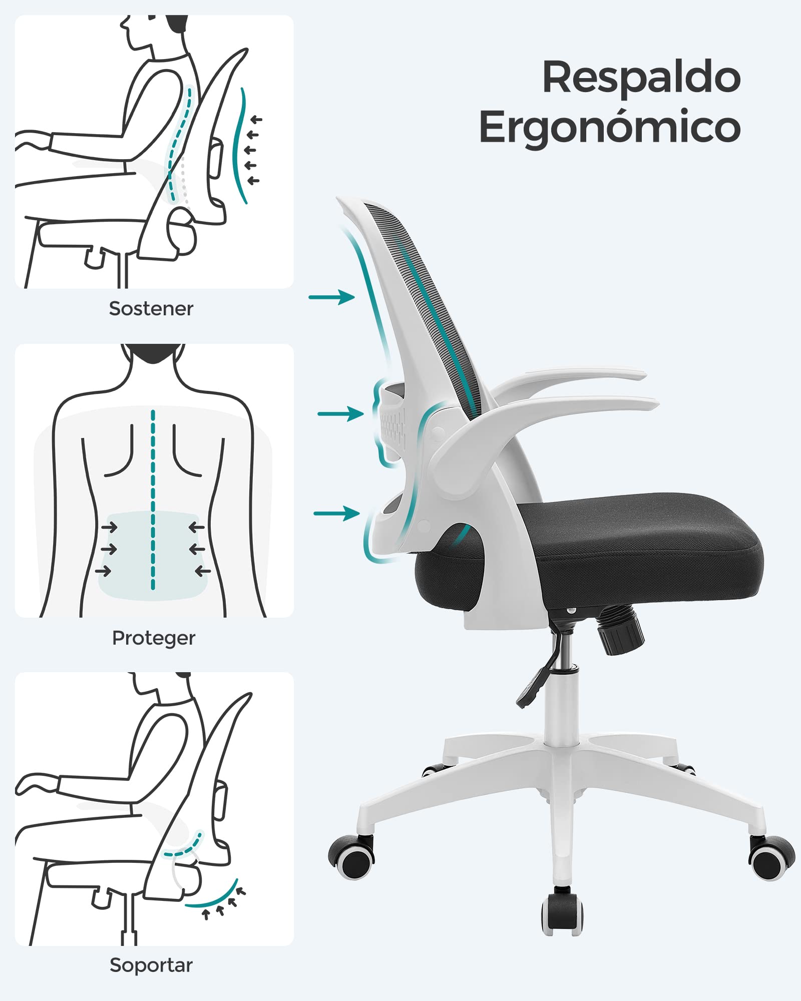 SONGMICS Sedia da Ufficio, Sedia da Scrivania, Sedia Ergonomica Girevole, Sedia da Computer, Regolabile in Altezza, Braccioli a Ribalta, Funzione Oscillante, Bianco e Nero OBN035W01