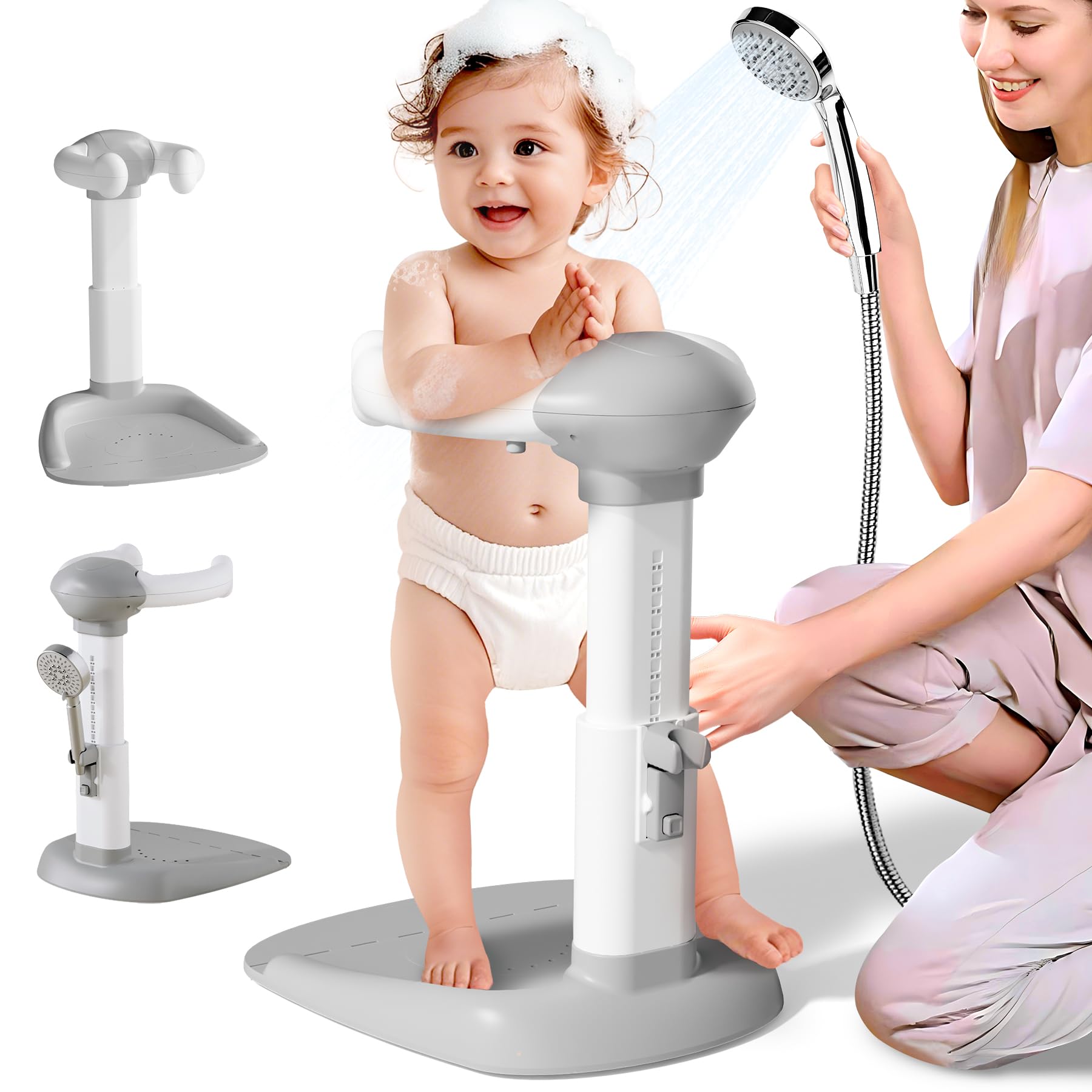 Baby Shower Standing Support Adjustable Toddler Bath Stand with Anti-Slip Baseboard for Changing Clothes Bathing by Standing up