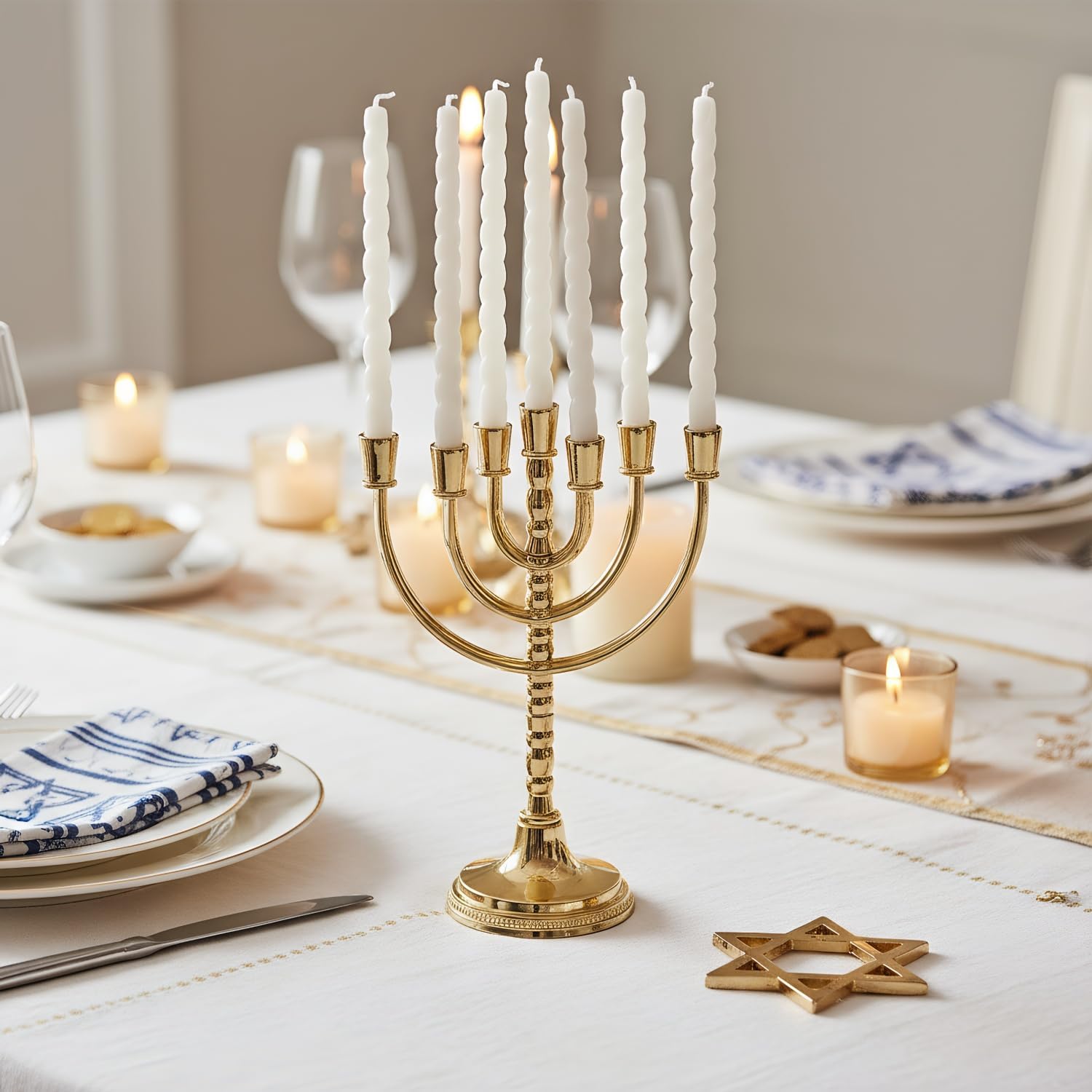 Rotatable Gold Plated Menorah 7 Branch Hanukkah Menorah Candle Holder