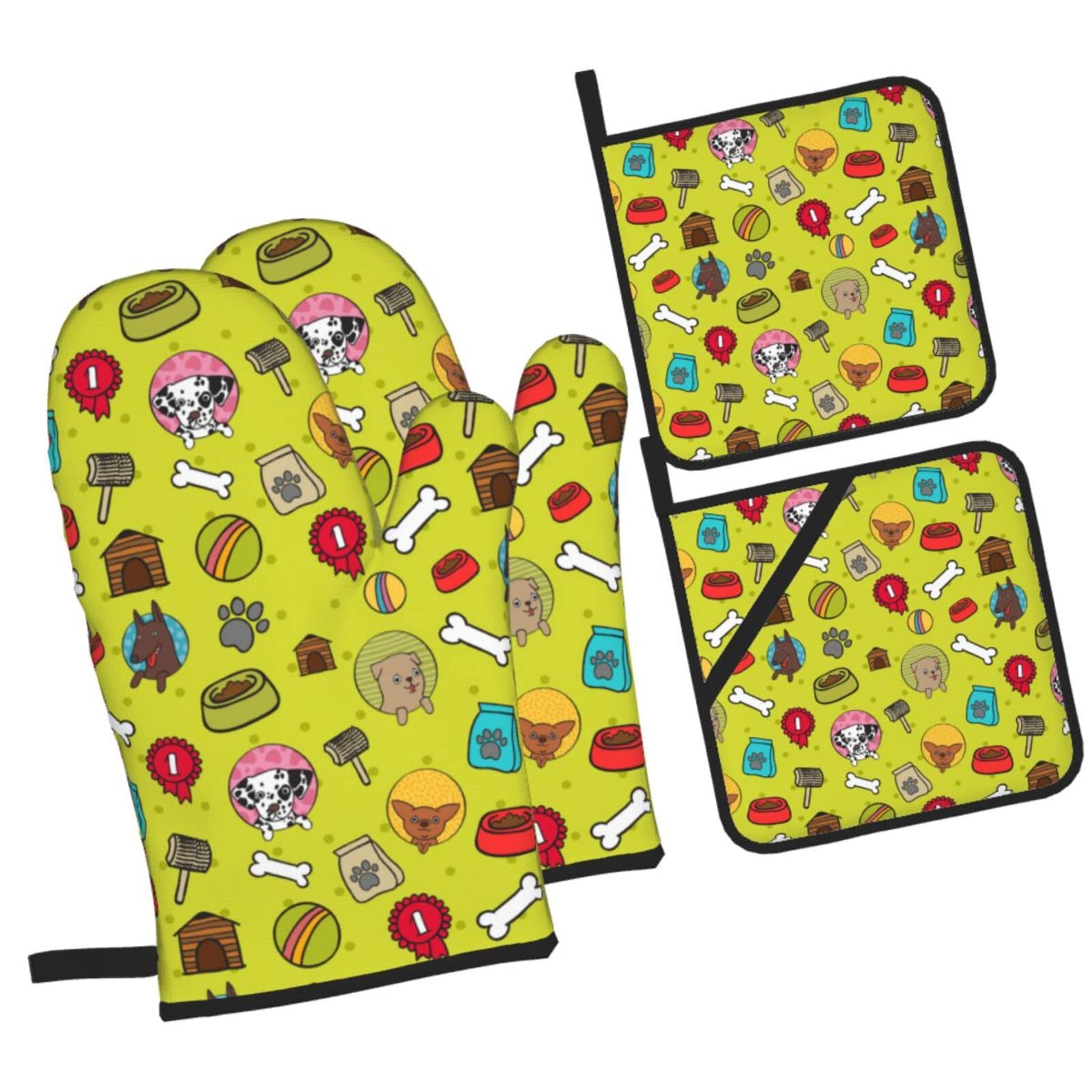 Many Dog Patterns Oven Mitts and Pot Holders Sets, Christmas Oven Mitt Kitchen Heat Resistant Non-Slip Pot Holders Set for Cooking Baking BBQ