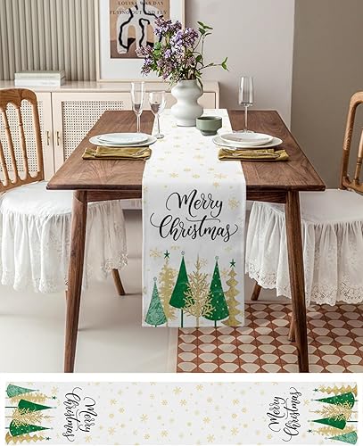 Miniatura 3 de Christmas Table Runner-Cotton Linen- 48 Inch Holiday Dresser Scarves, Minimalist Geometric Tree Green Gold Tablerunner for Kitchen CoffeeDining