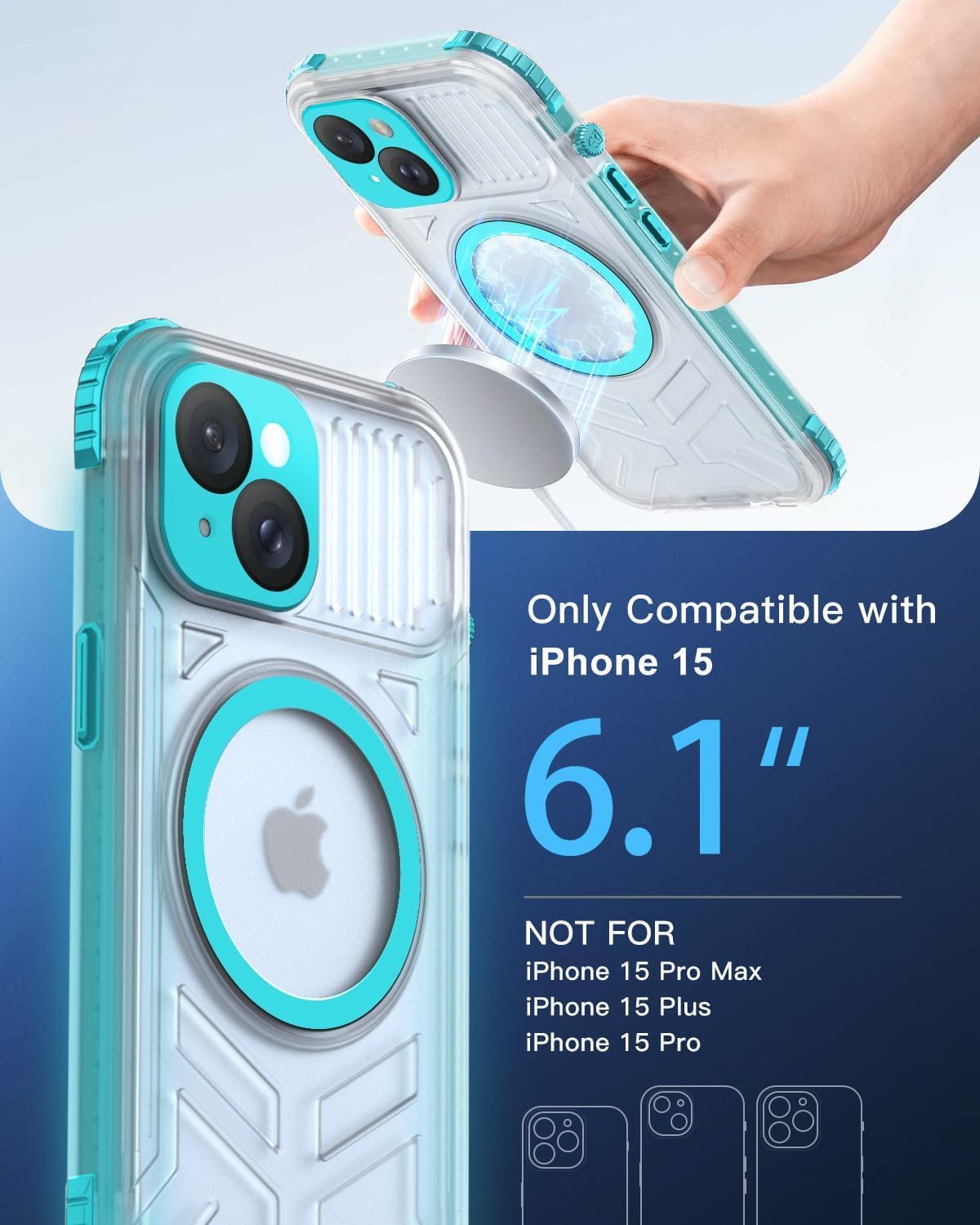 for iPhone 15 Waterproof Case with Magsafe, Screen Protector, Lanyard, IP68 Military Full Body Shockproof, for Water Sports Outdoor Work, Funda para iPhone 15 Impermeable, 6.1" Teal - Image 2