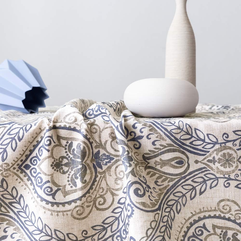 JINCHAN Linen Textured Tablecloth for Kitchen Jacobean Floral Printed Kitchen Tablecloth Linen Textured Kitchen Table Cover(1 Panel 51" W x 54" L Blue on Beige )