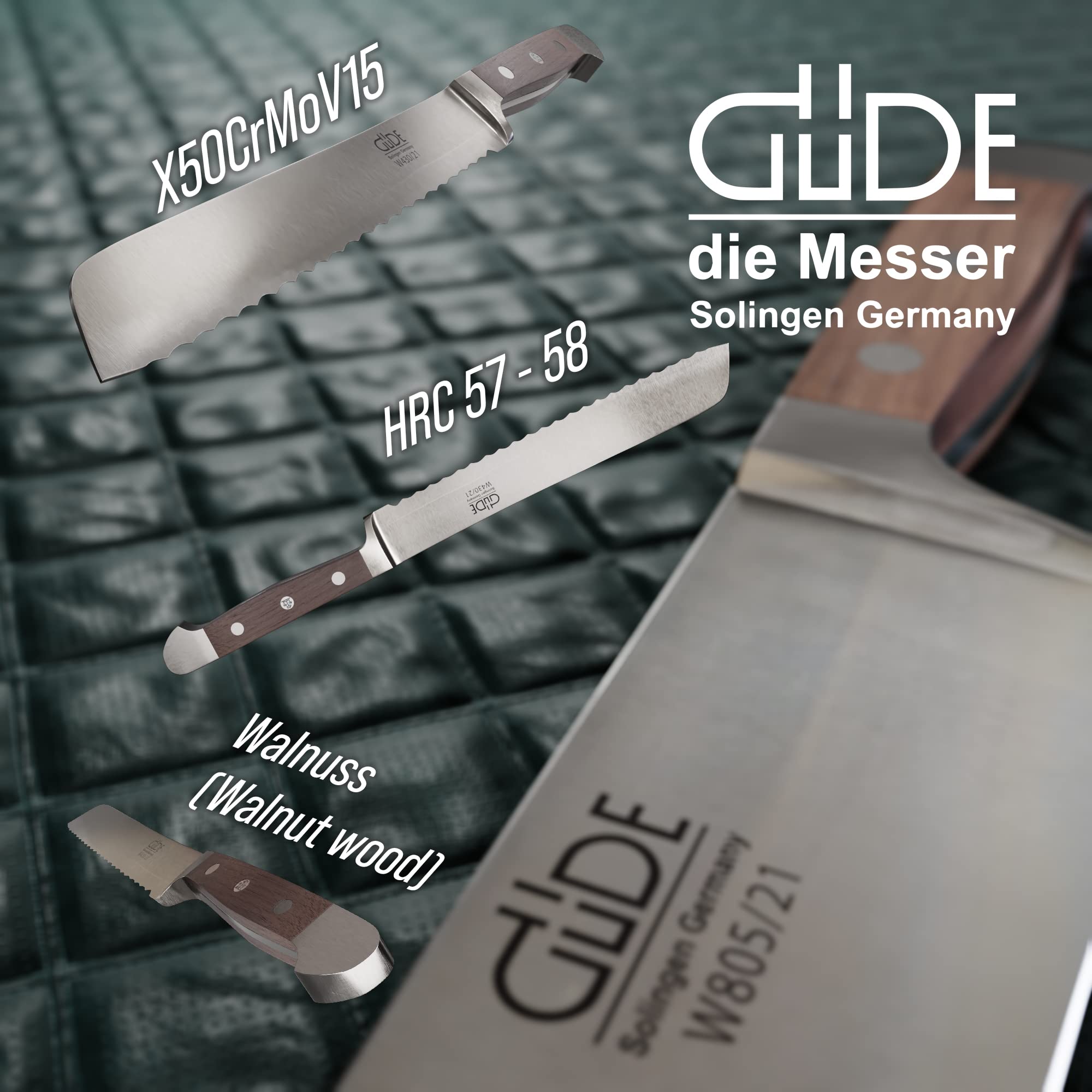 GÜDE Solingen - Brotmesser geschmiedet, 21 cm, Walnussholz, ALPHA WALNUSS, Doppelkropf, Handmade Germany