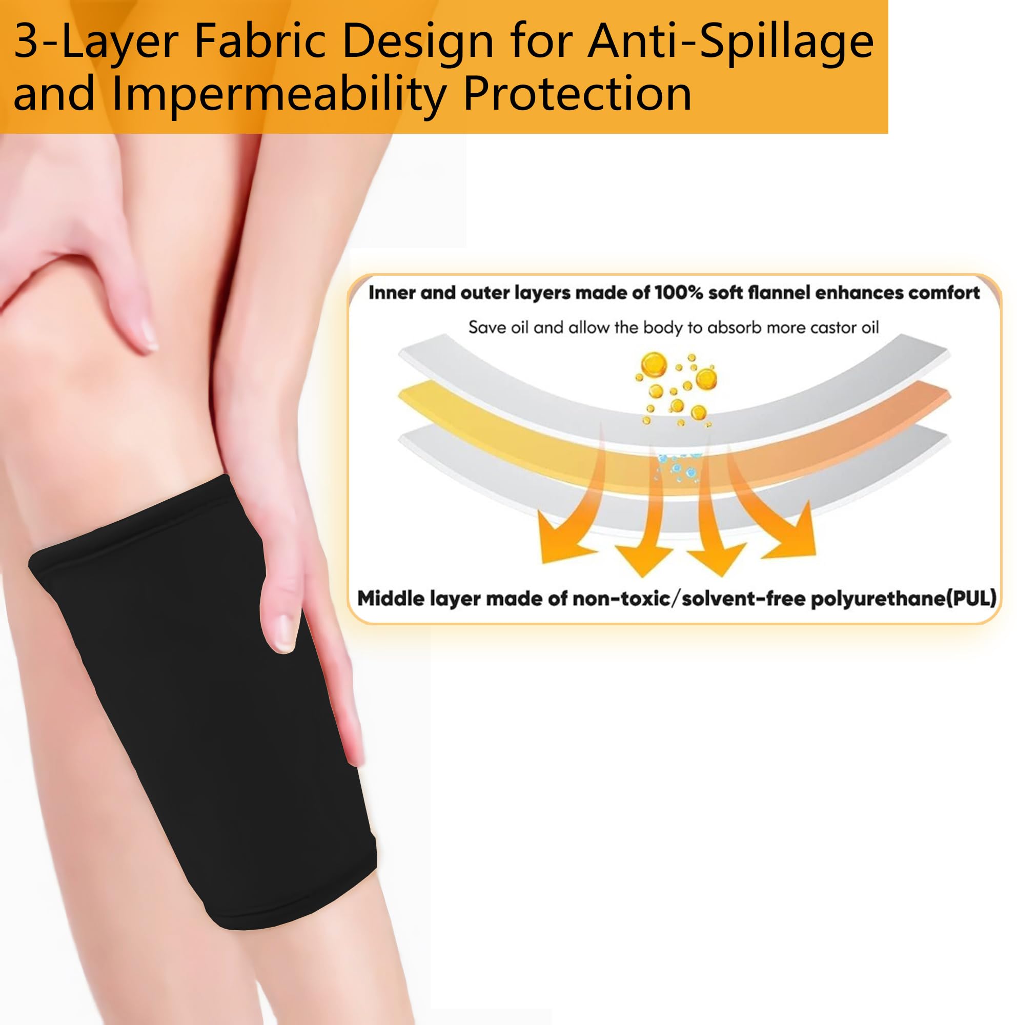 VonTeok 2 Pack Castor Oil Pack Wrap for Knee Elbow Joints with Elastic Straps, Organic Cotton Castor Oil Compress Pad Wrap, Resuable and Anti-Leakage for Relief Pain Inflammation -Black