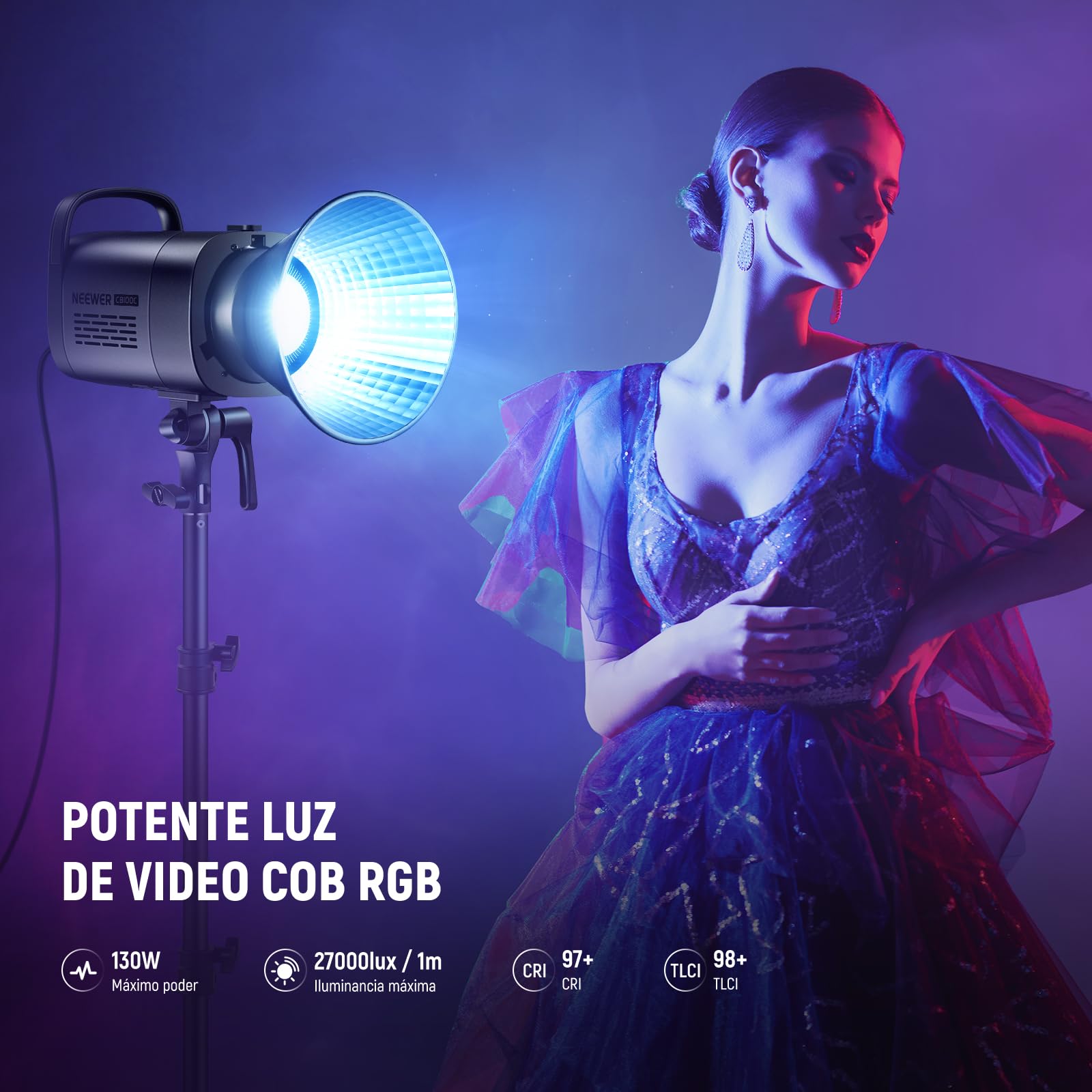 NEEWER CB100C 130w RGB LED Luz Video App/2.4G Control 360° Todo Color 2700K-6500K 27000lux/m COB Bowens Mount Foco Iluminación Lámpara Continua Silenciosa TLCI/CRI97+ 17 Escena para Estudio Fotografía
