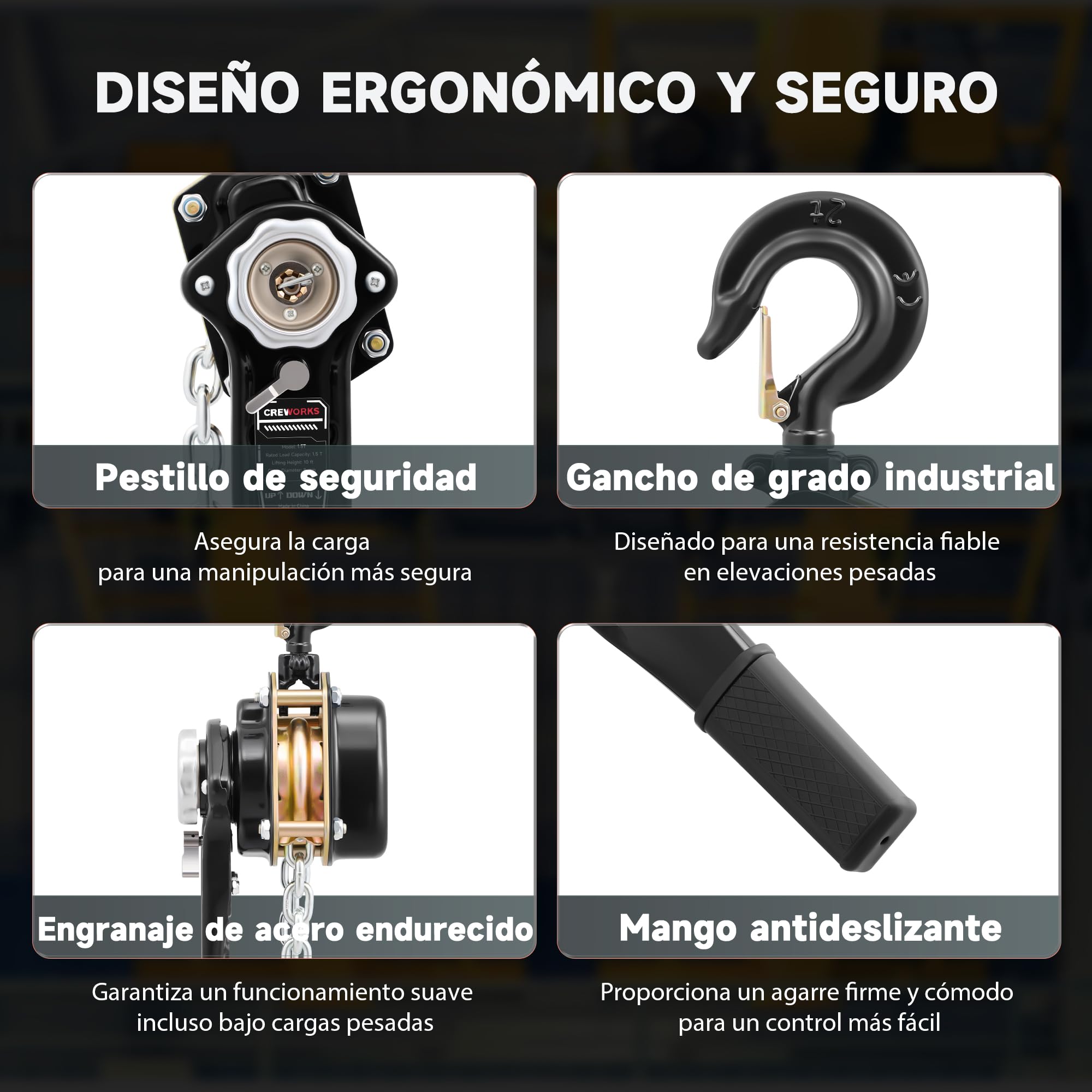 CREWORKS 1,5 T Polipasto de Cadena con Palanca, Elevación de 3 m, con Cadena Galvanizada G80 y Ganchos Giratorios, Polipasto Manual Resistente para Construcción, Almacenes y Fábricas