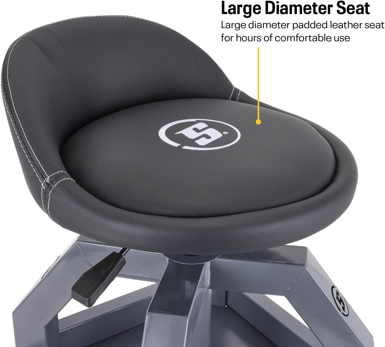 Speedway Motors Adjustable Height Rolling Shop Stool with Tool Tray, Heavy Duty Welded Steel Frame, 3-Inch Ball Bearing Casters, Padded Leather Seat with Backrest, 330 lb Capacity