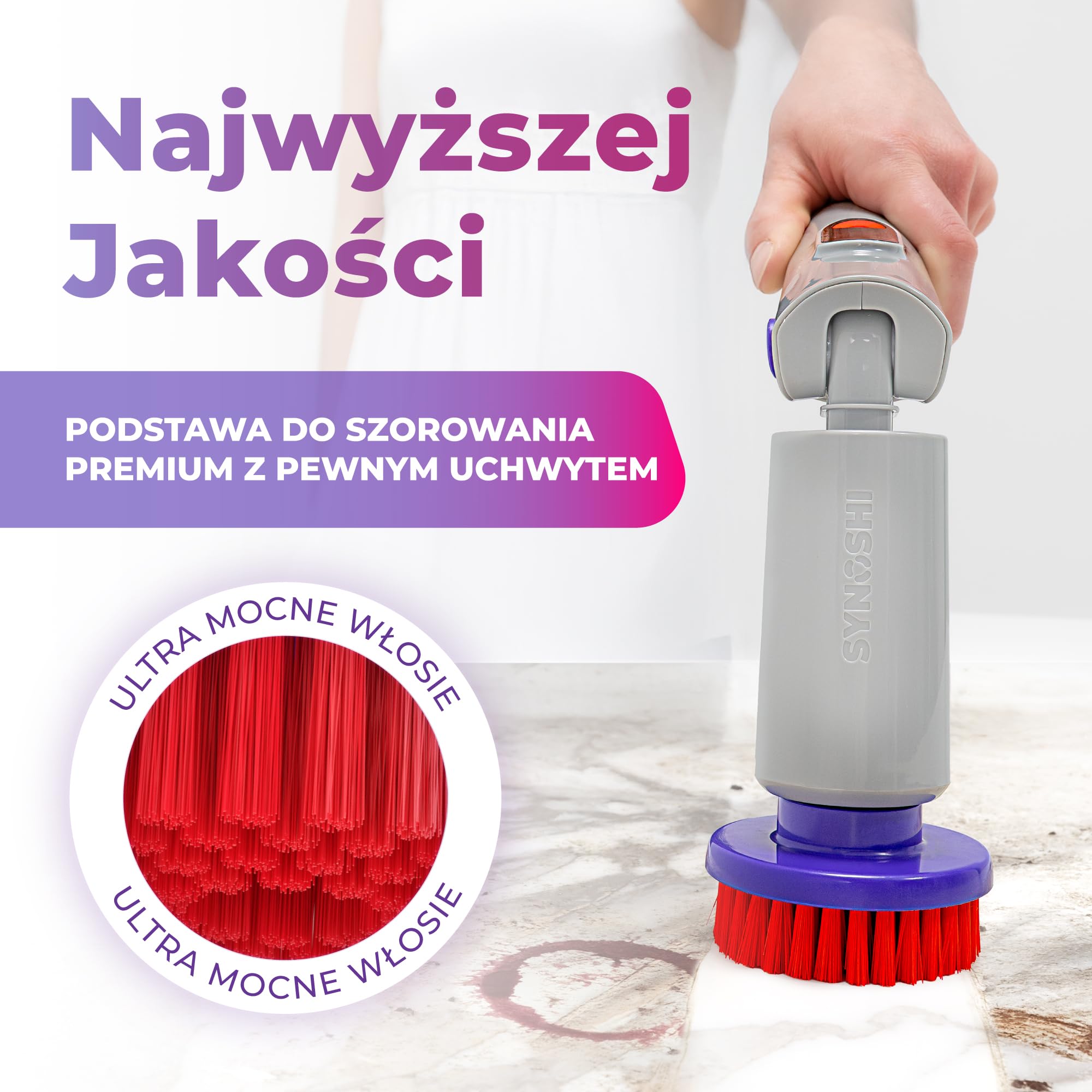 Synoshi Pro Elektryczna Szczotka Obrotowa Power Spin do Domu | Wodoodporna, wysokowydajny silnik. Do łazienki, grilla i mebli ogrodowych.