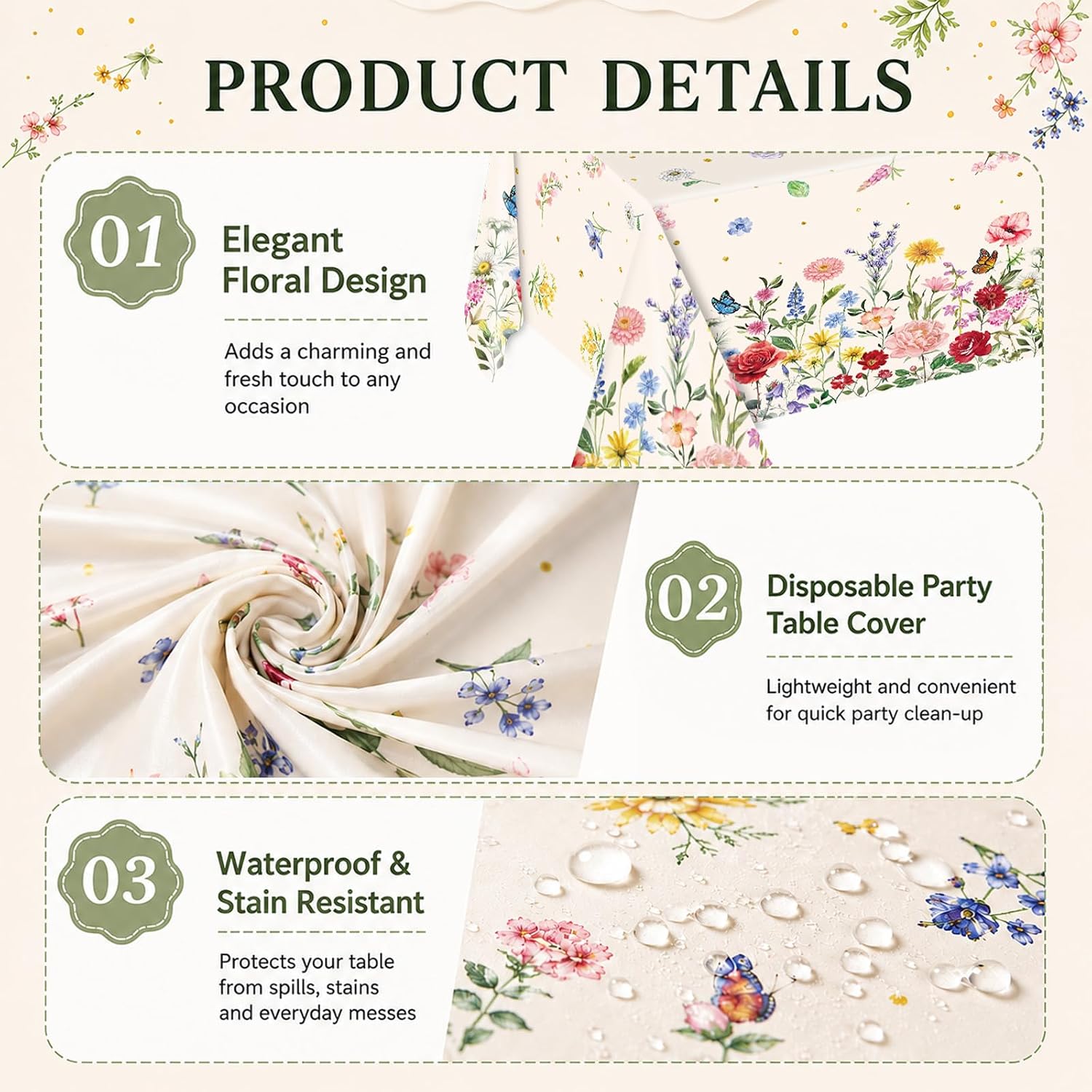 3 Pack Spring Wildflower Plastic Tablecloth, 54x108 Inch Disposable Rectangle Table Cover Elegant Floral Flowers Garden Design Bridal Baby Shower Birthday Summer Table Decorations Party Supplies