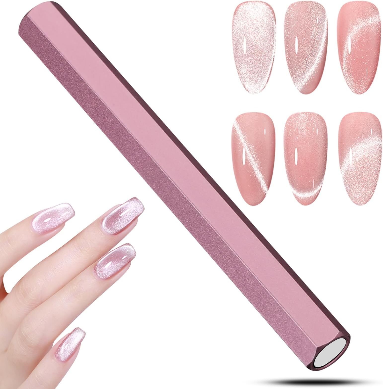 Cat Eye Magnet Tool, Professional Double-Ended Hexagon Strong Nail Magnet for Cat Eye Gel Nail Polish, suitable for personal DIY, nail studio or nail salon(Pink)