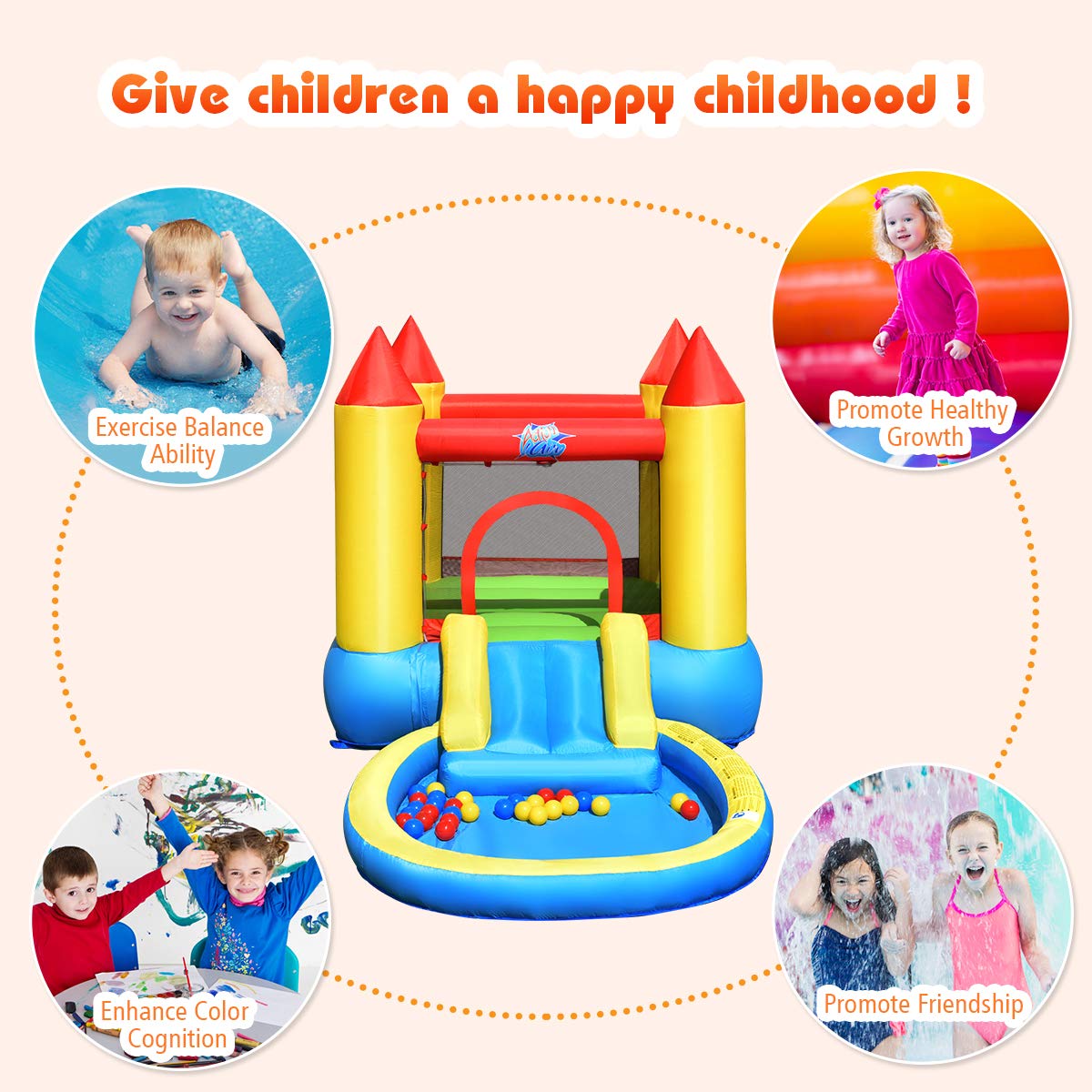 FANTASK Hüpfburg Kinder, hüpfburg Innen- und Außenbereich inkl. Rutsche, Sprungbereich & Planschbecken, Bouncy Castle für Kinder, 362 x 196,5 x 193 cm