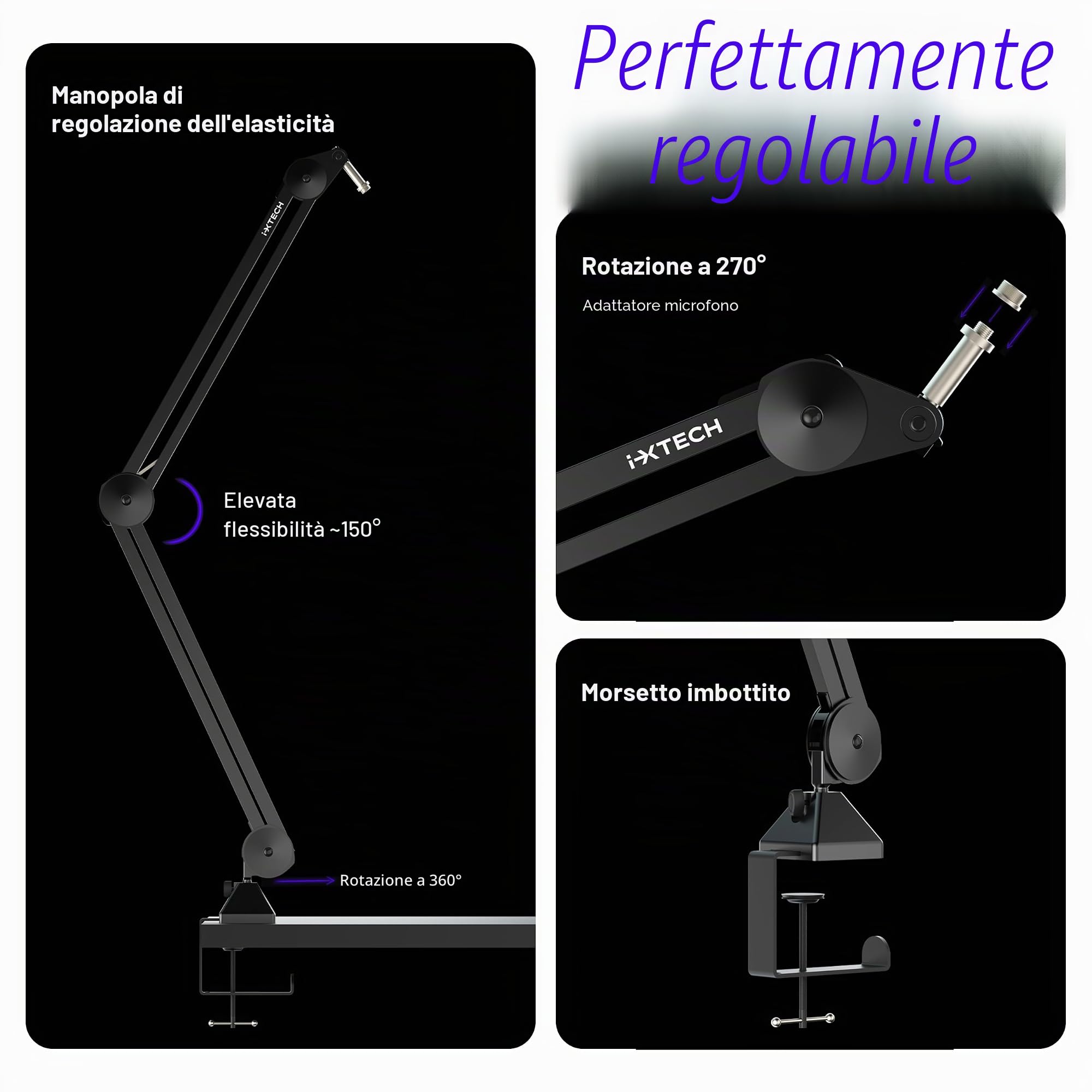 IXTECH Supporto per microfono a braccio regolabile, resistente, con fascette, supporto da scrivania per gaming, streaming e podcasting.