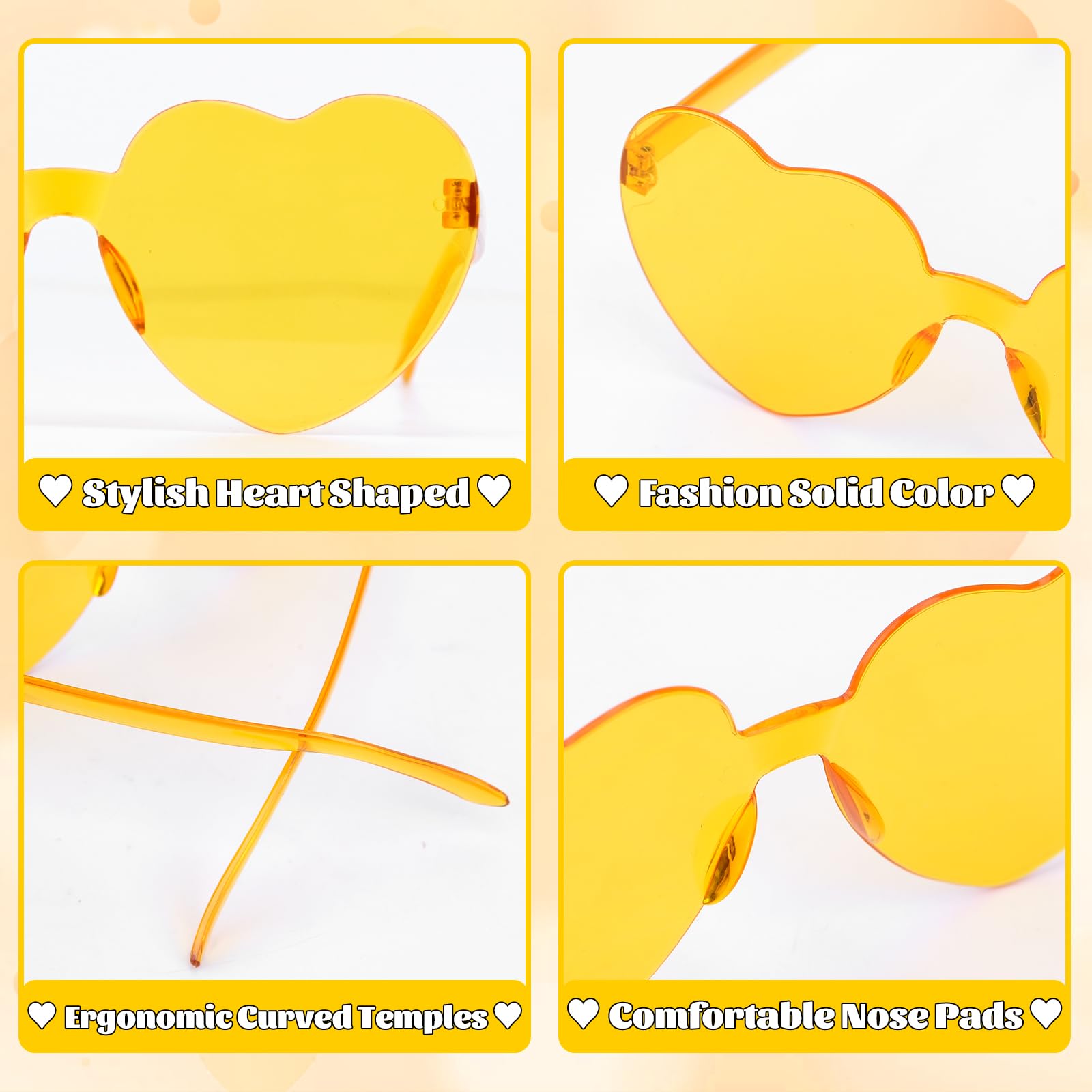 SelfTek 10 Pcs Yellow Heart Shaped Sunglasses, Funky Heart-Shaped, Unisex-Children & Adults, Rimless, Transparent - Image 3