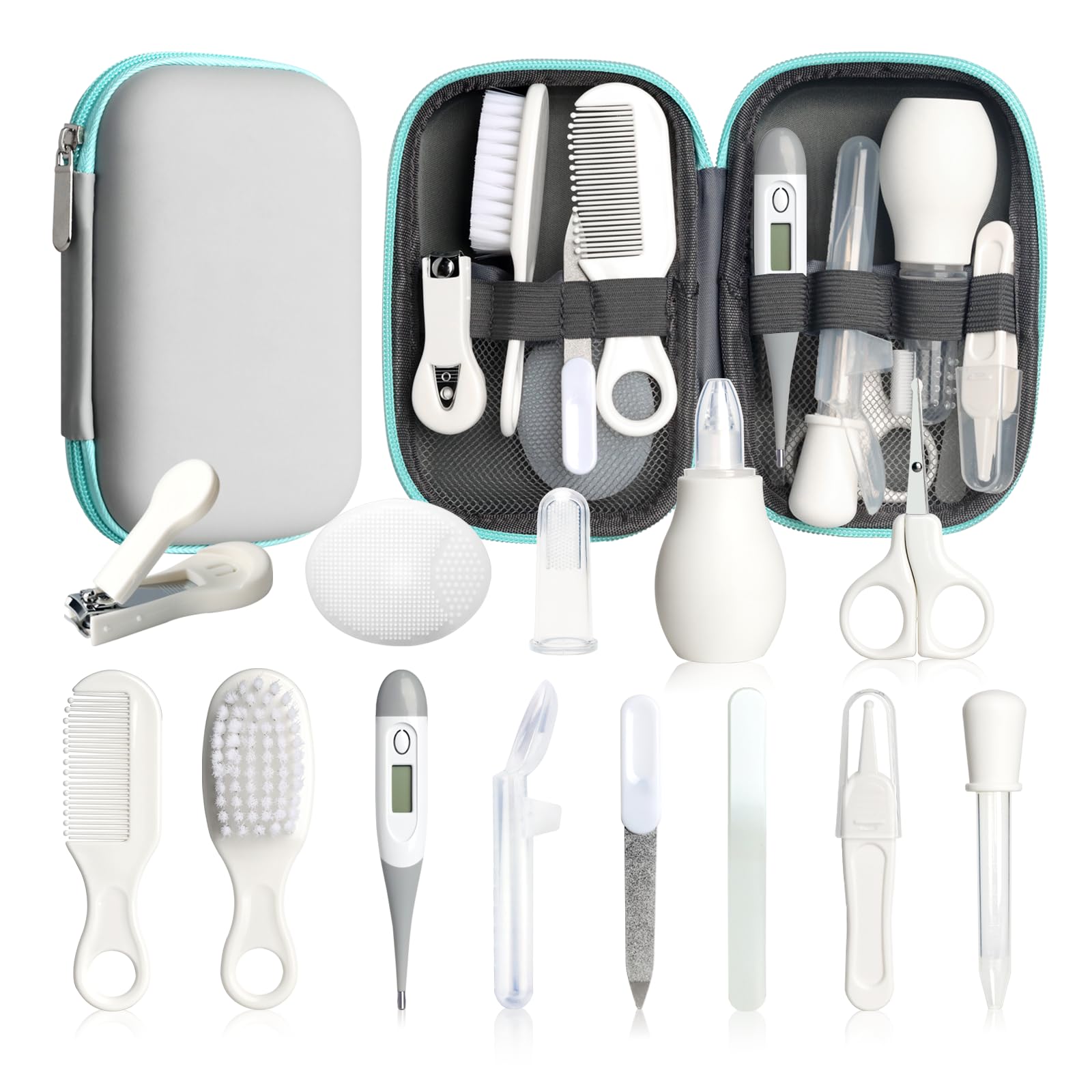 Kit de cuidado y aseo para bebés 14 en 1, kit de seguridad para bebés, kit de cuidado de la salud para recién nacidos con cepillo de pelo, báscula y cortaúñas para bebés, niñas y niños (14 kits, gris y blanco)