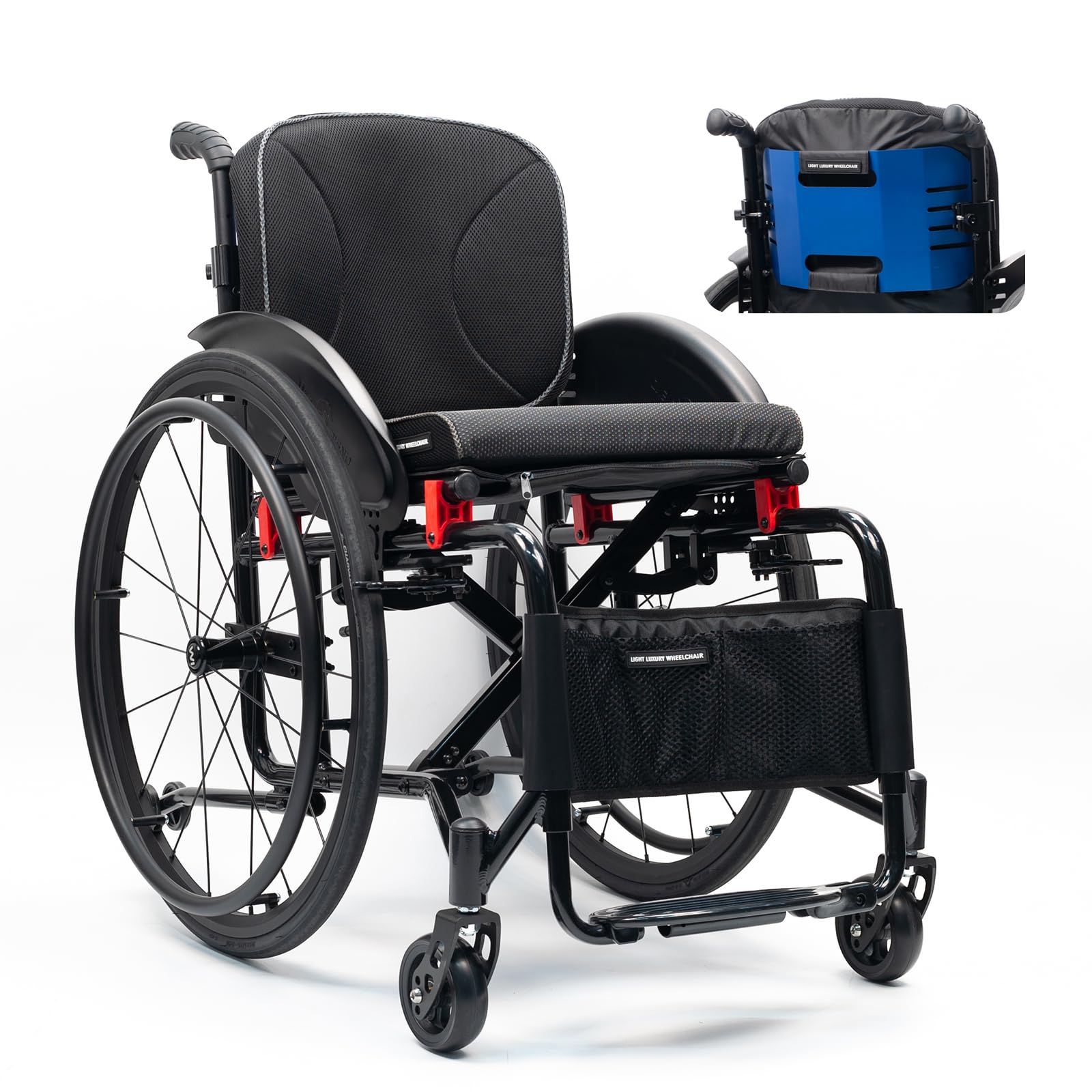 Sedia a rotelle manuale super leggera, pieghevole, con struttura in alluminio,Sedia a Rotelle Sport All'Aria Aperta,Sedia A Rotelle in Lega di Alluminio,freni a mano(Seat width 38cm/15 inches,Blue bac