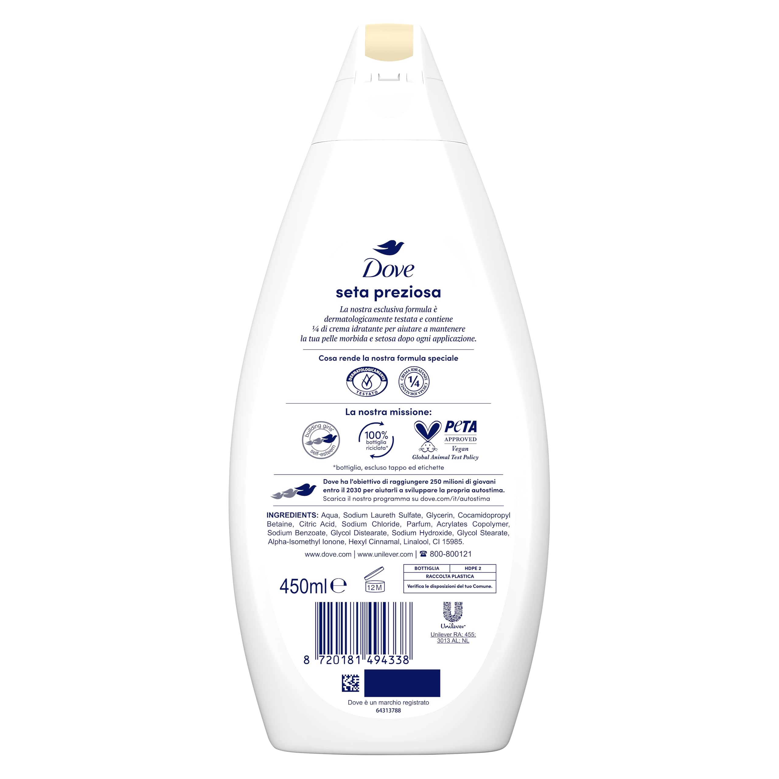 Dove Baño de ducha de seda de alta calidad, fórmula con crema hidratante dermo natural, con crema hidratante 1/4, dermatológicamente probado, gel de ducha para mujeres y hombres, botella 100%