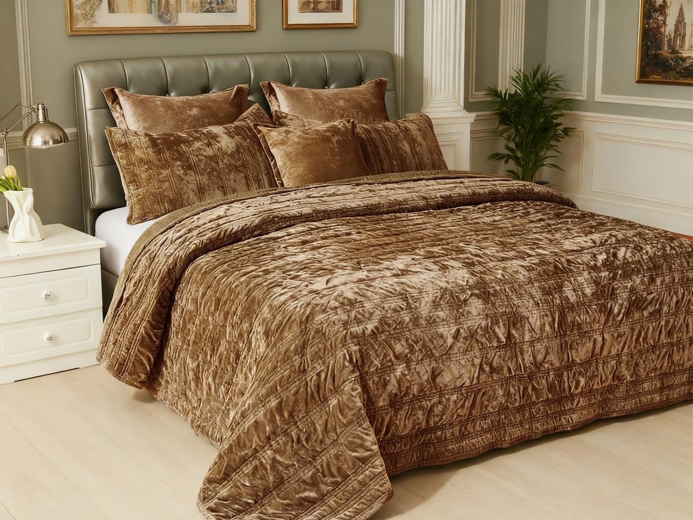 3 Pieces Luxurious Velvet California King Quilts Set 106x118 Ruched Bedspread Coverlet Quilted Bedding Set with 2 Pillow Shams 20x36 Ultra Soft Comforter for All Season, Caramel - Image 4